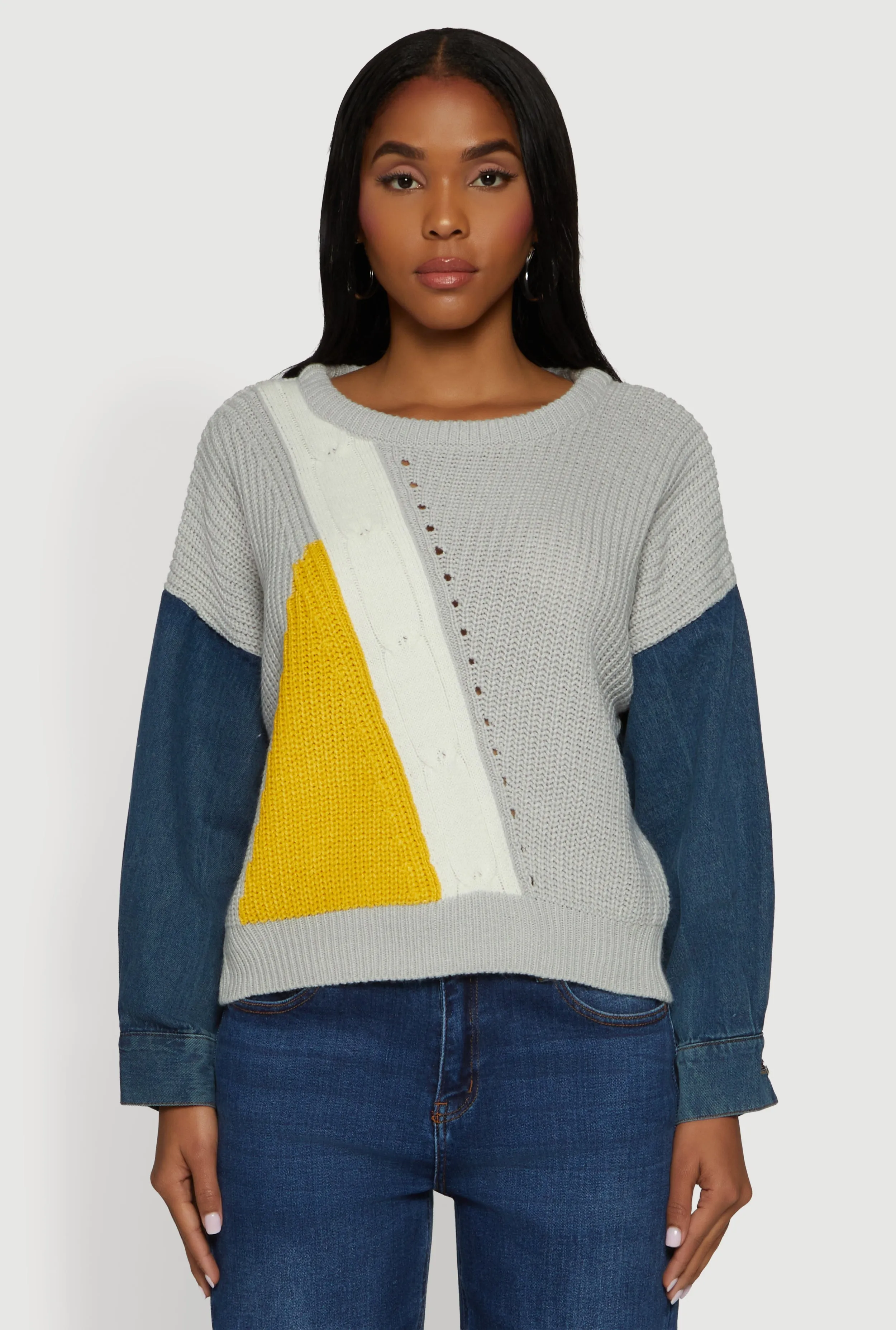 Color Blocked Sweater with Denim Sleeves sold by Rainbow product image thumbnail 2