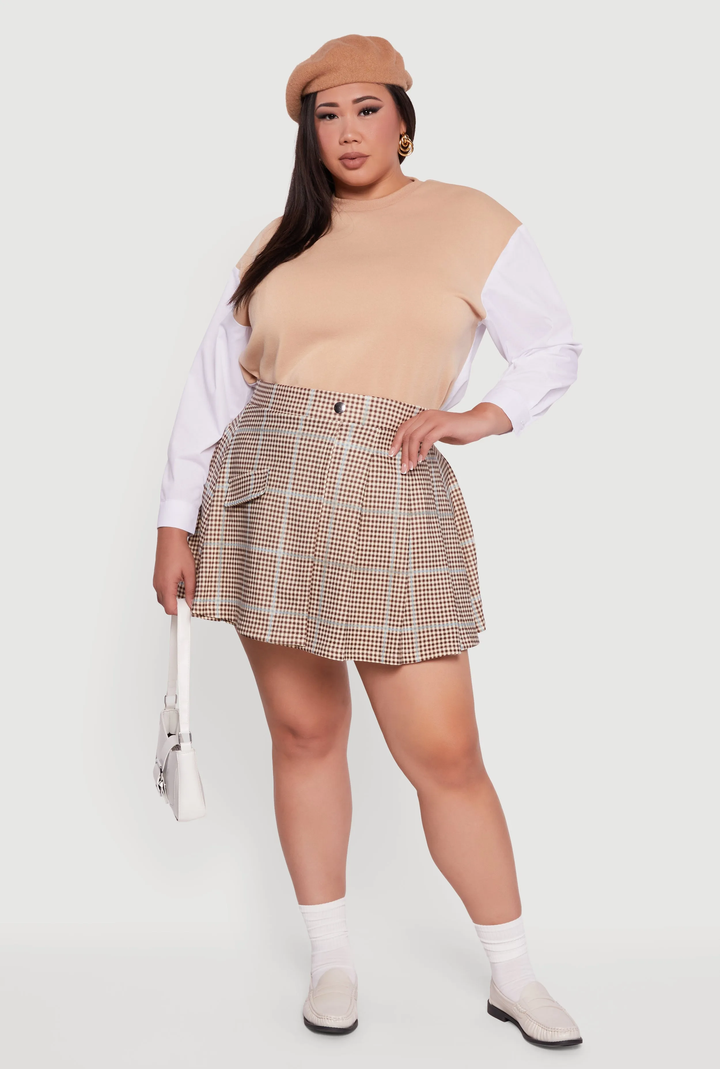 Plus Size Plaid Pleated Mini Skirt with Faux Pocket sold by Rainbow