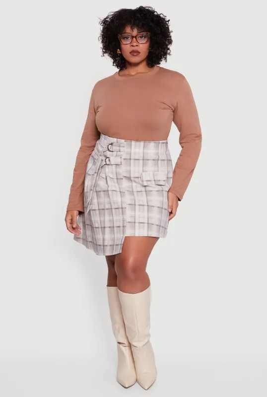 Plus Size Plaid Double Belted Detail Asymmetrical Skirt sold by Rainbow