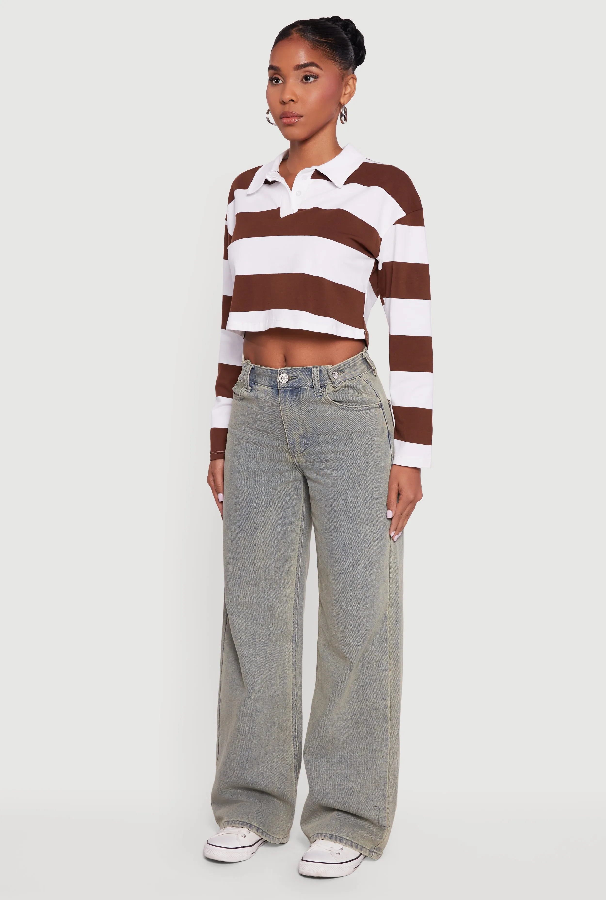 Striped Long Sleeve Polo Crop Top sold by Rainbow product image thumbnail 5