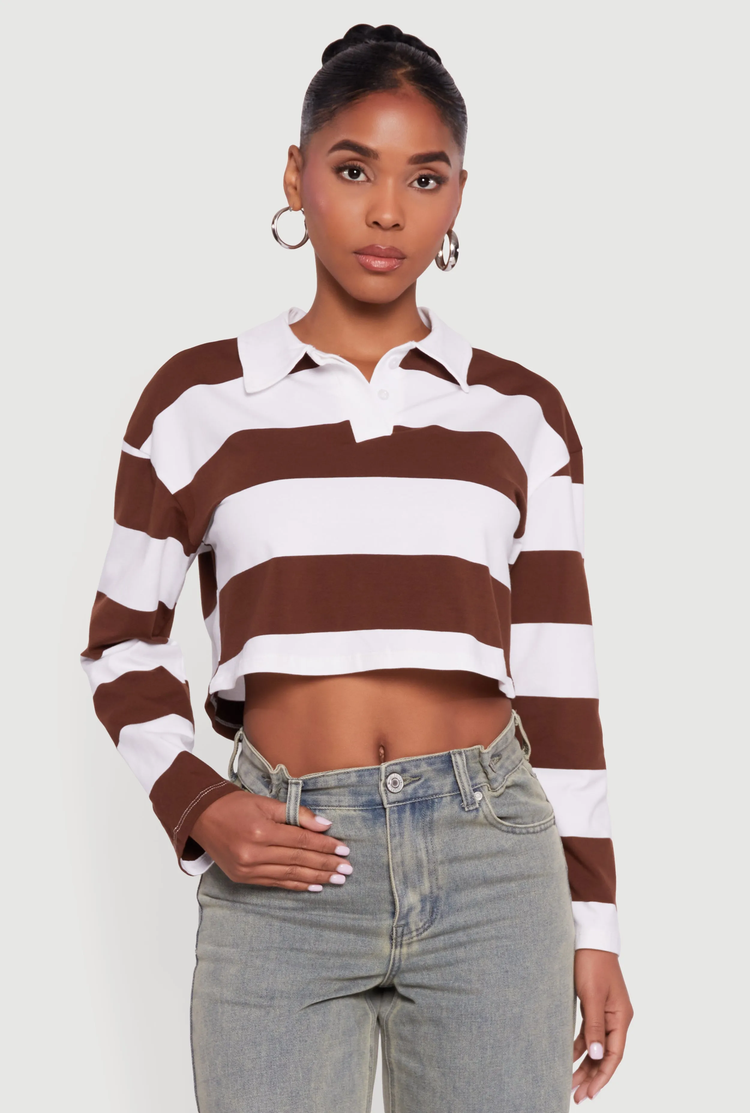 Striped Long Sleeve Polo Crop Top sold by Rainbow product image thumbnail 2