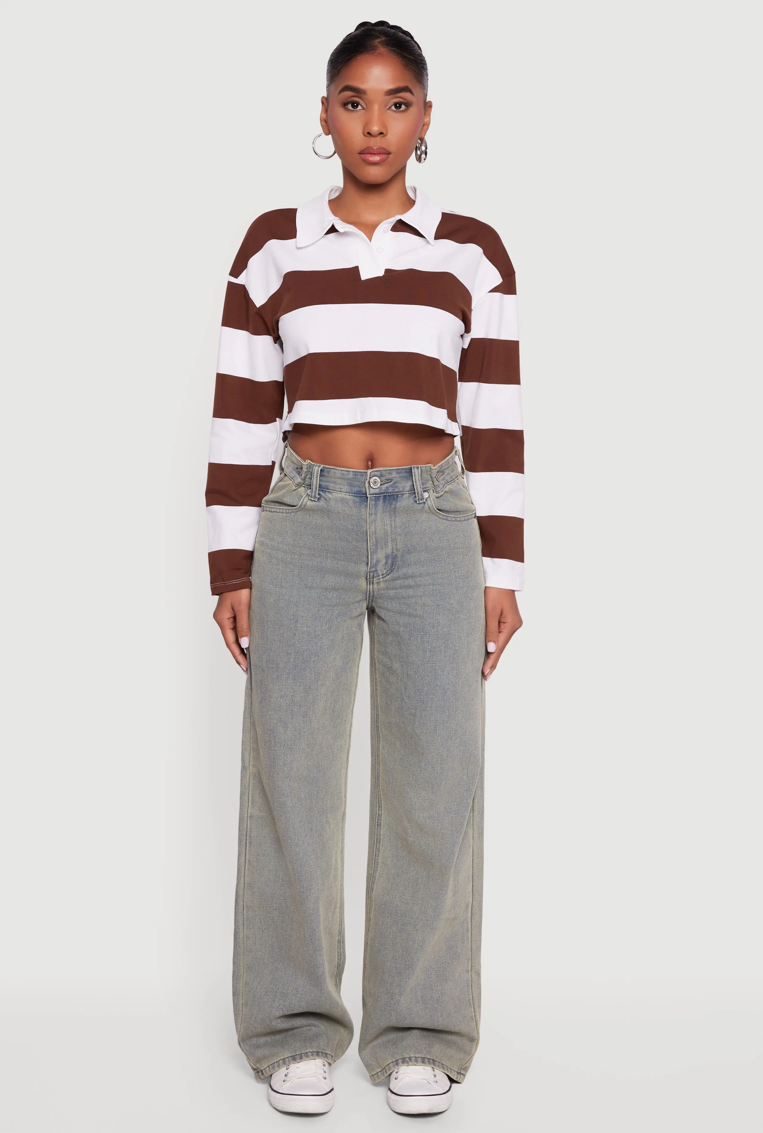 Striped Long Sleeve Polo Crop Top sold by Rainbow product image thumbnail 3