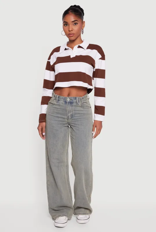 Striped Long Sleeve Polo Crop Top sold by Rainbow