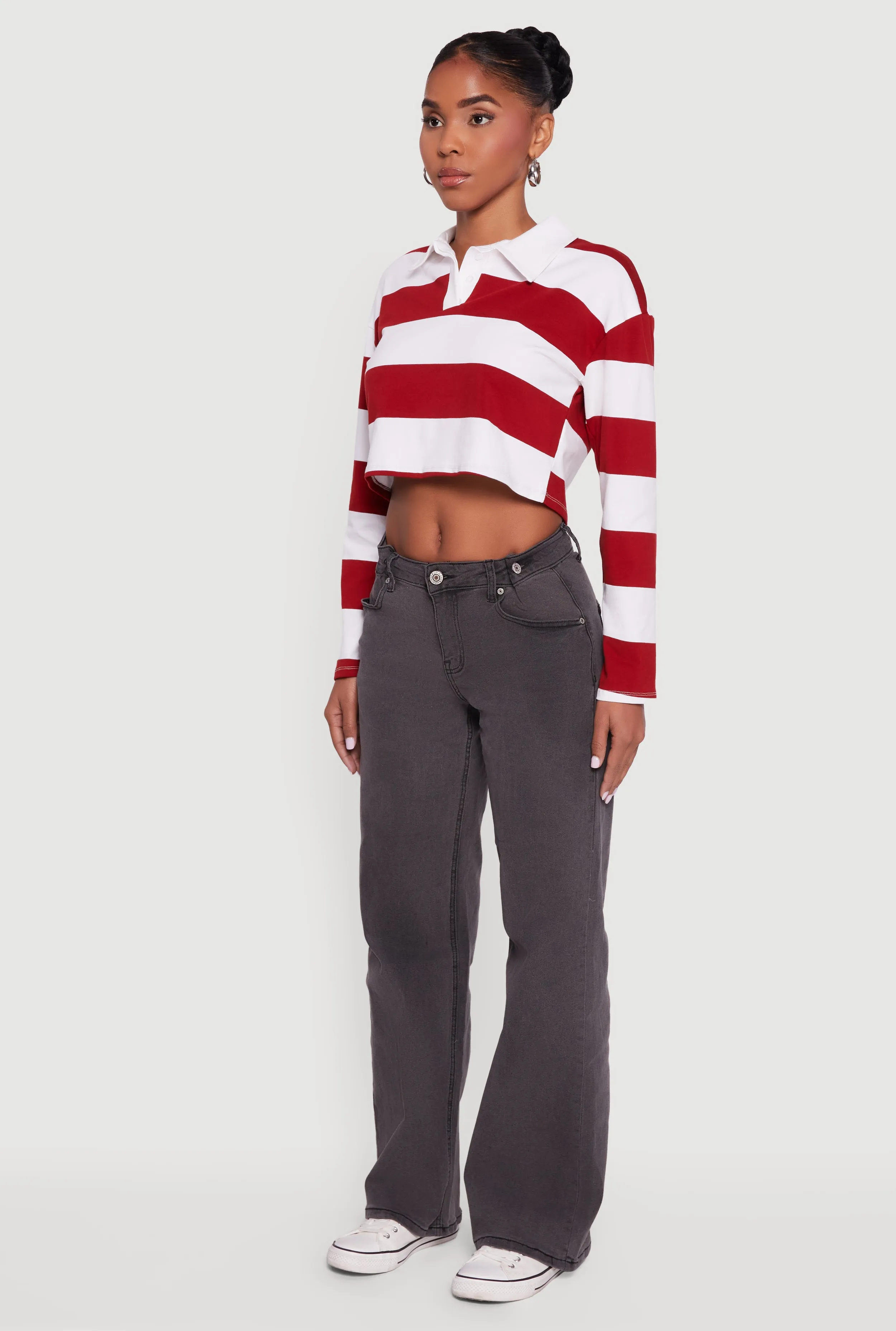 Striped Long Sleeve Polo Crop Top sold by Rainbow product image thumbnail 5
