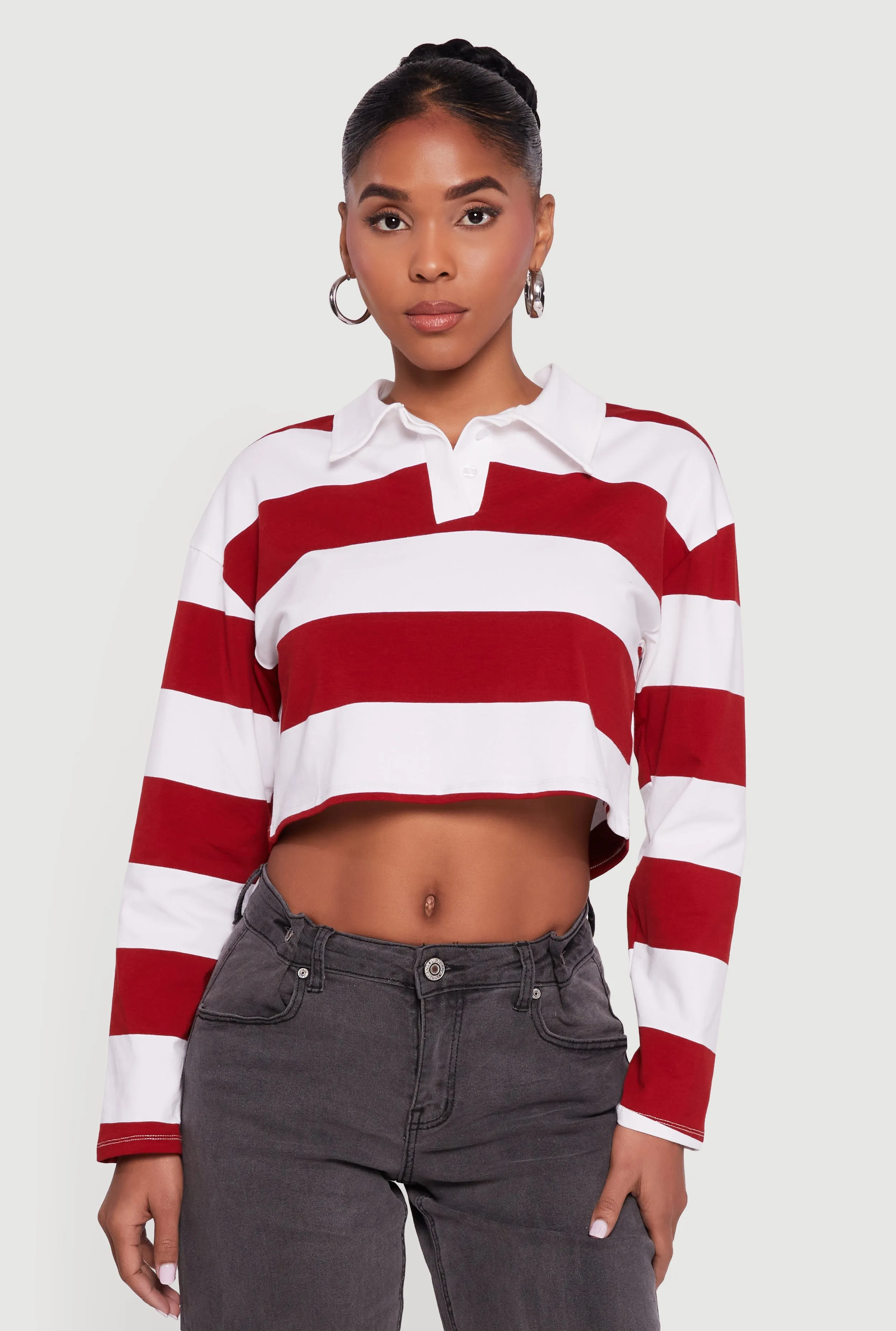 Striped Long Sleeve Polo Crop Top sold by Rainbow product image thumbnail 2