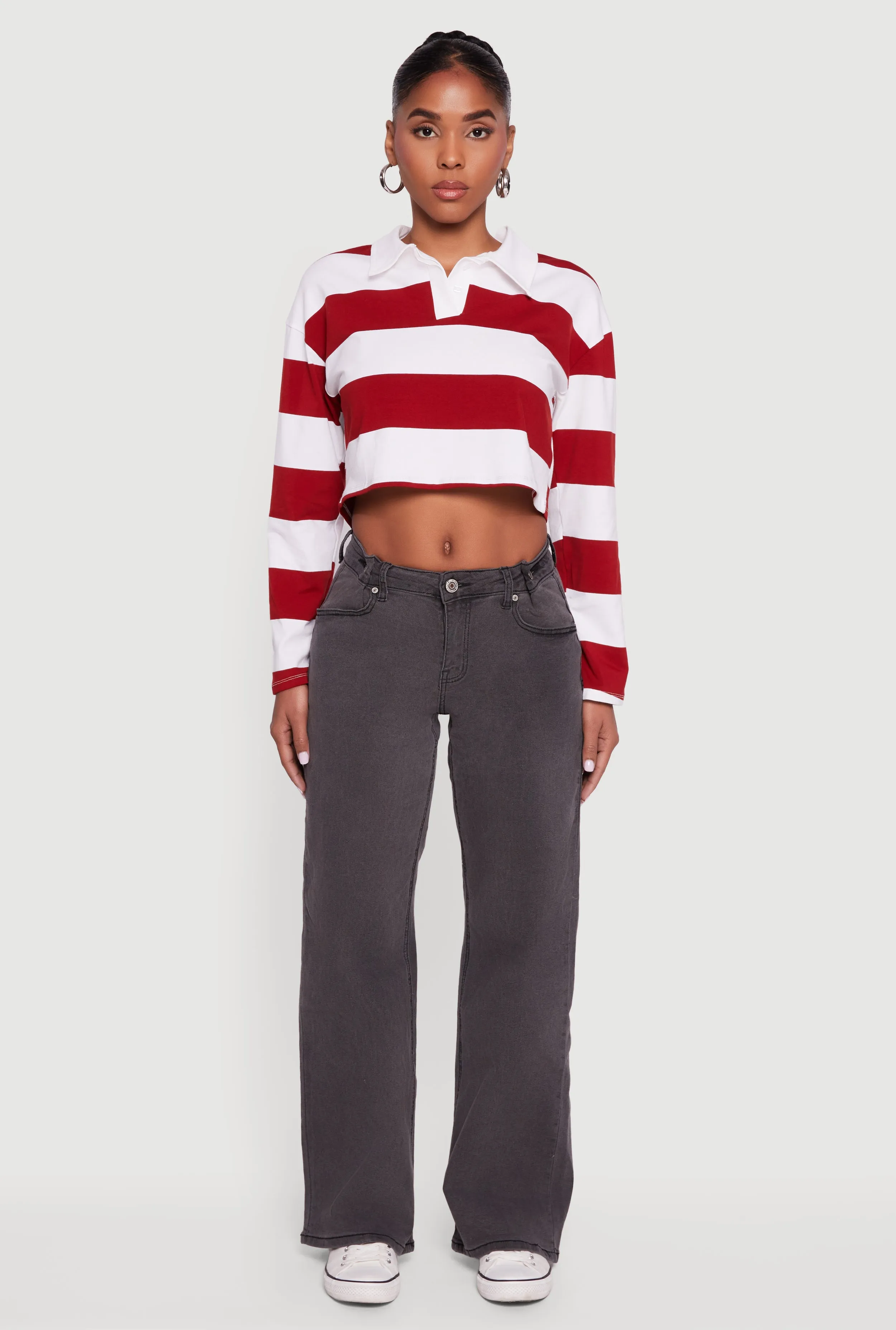 Striped Long Sleeve Polo Crop Top sold by Rainbow product image thumbnail 3