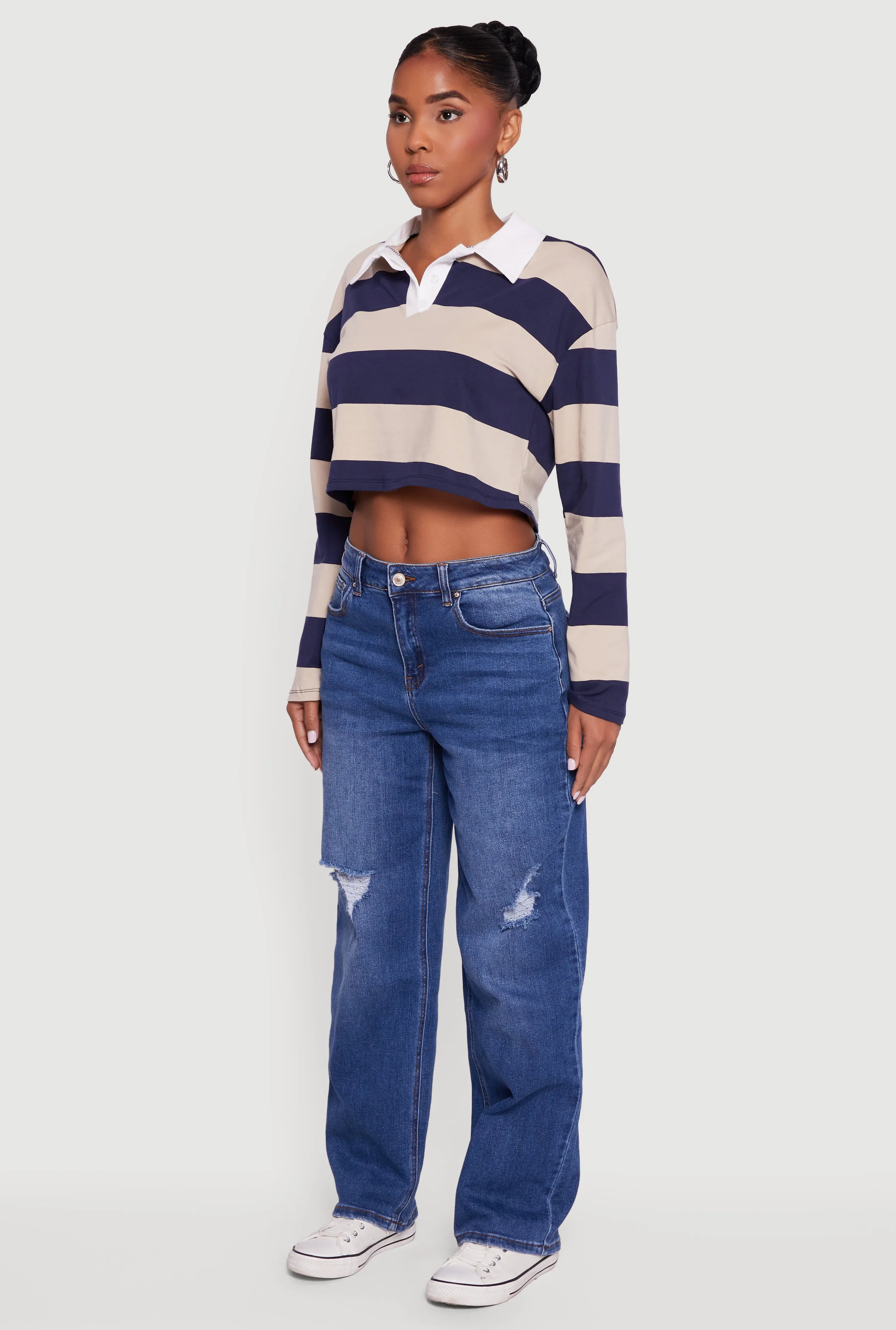 Striped Long Sleeve Polo Crop Top sold by Rainbow product image thumbnail 5