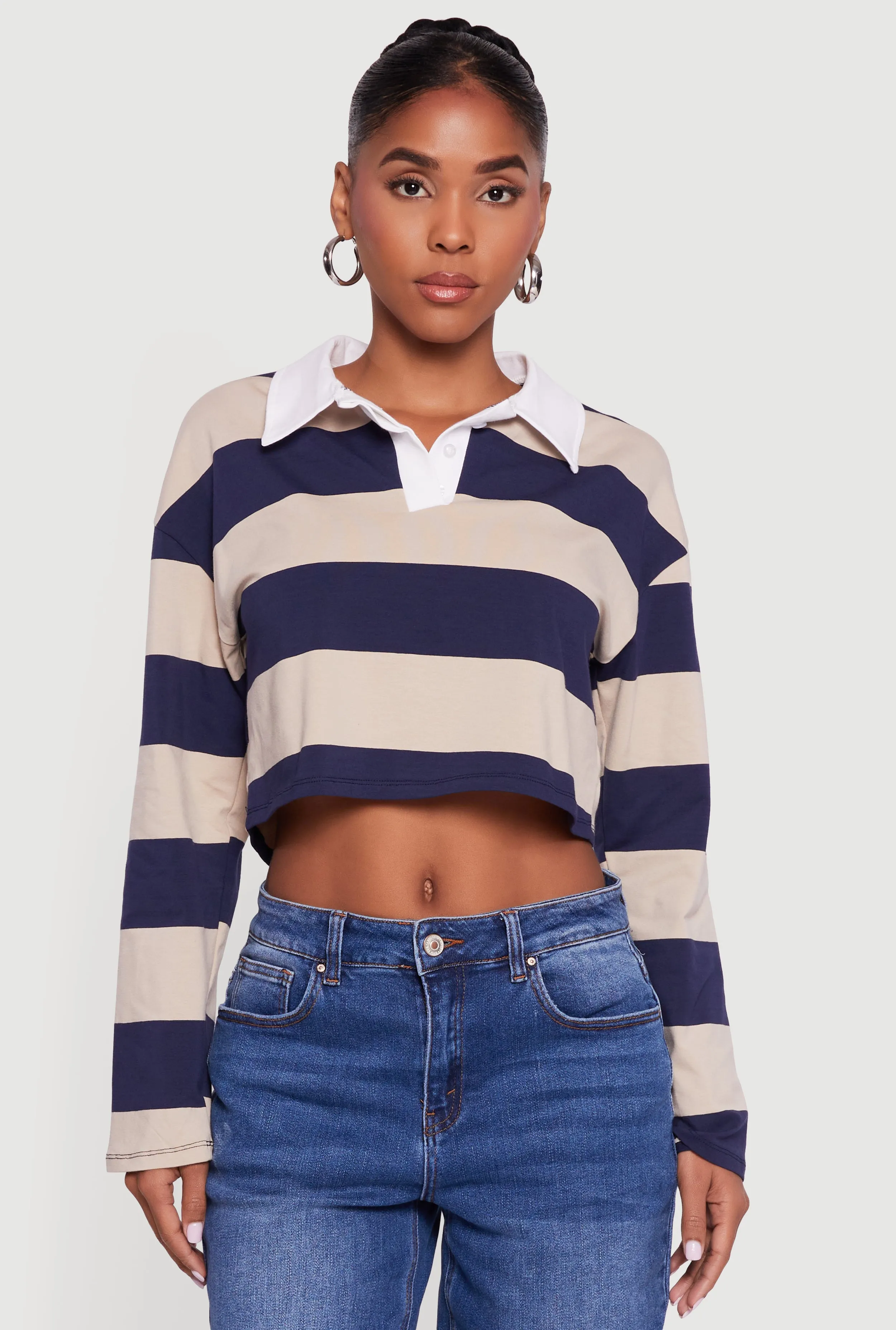 Striped Long Sleeve Polo Crop Top sold by Rainbow product image thumbnail 2