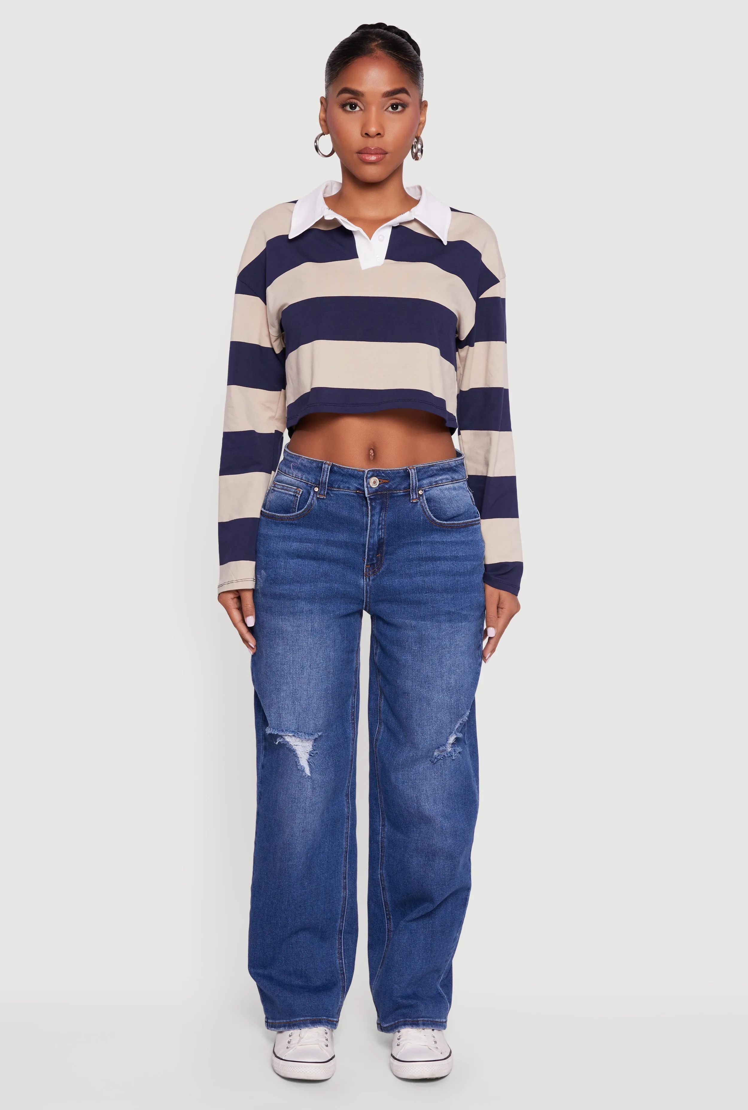 Striped Long Sleeve Polo Crop Top sold by Rainbow product image thumbnail 3