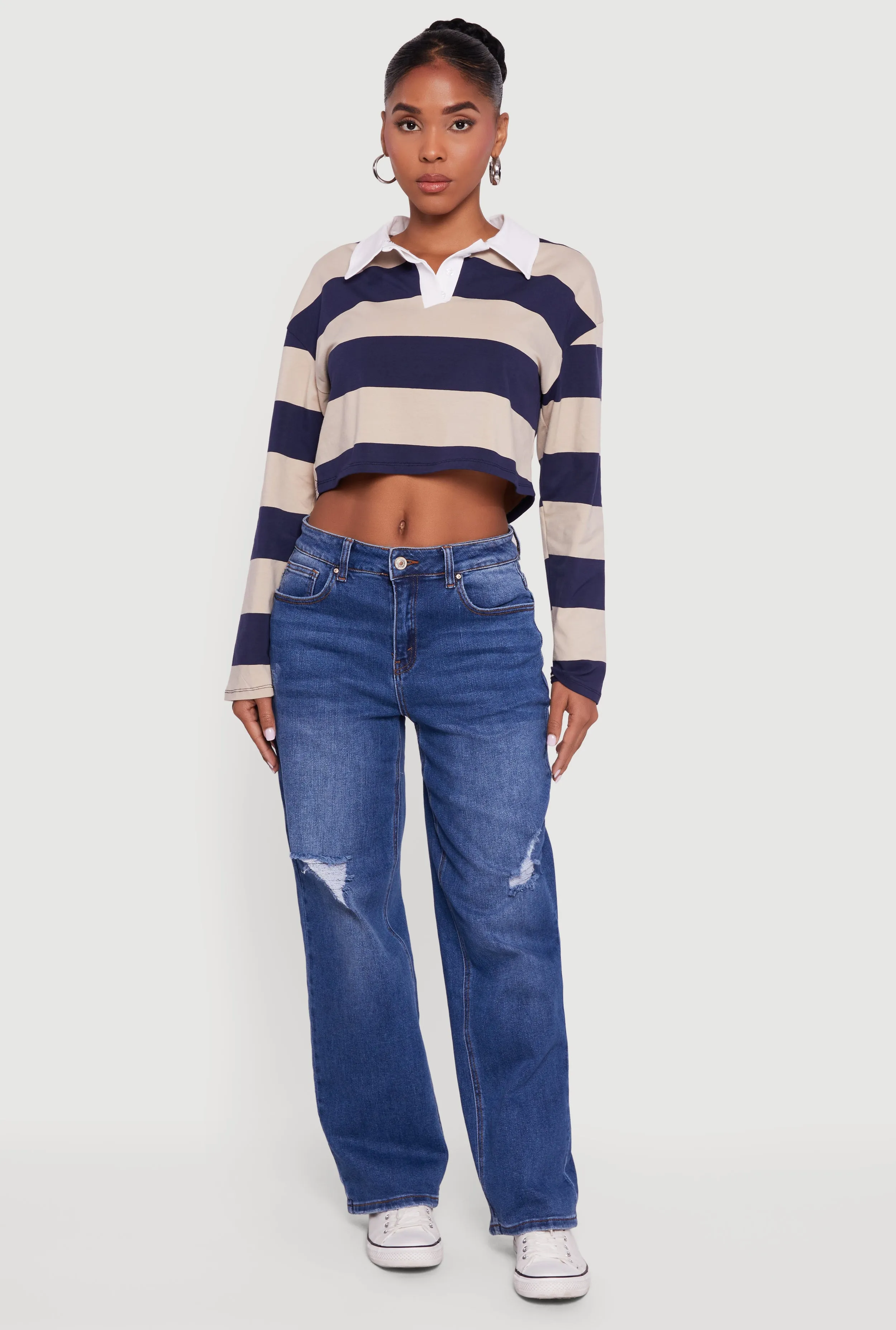 Striped Long Sleeve Polo Crop Top sold by Rainbow