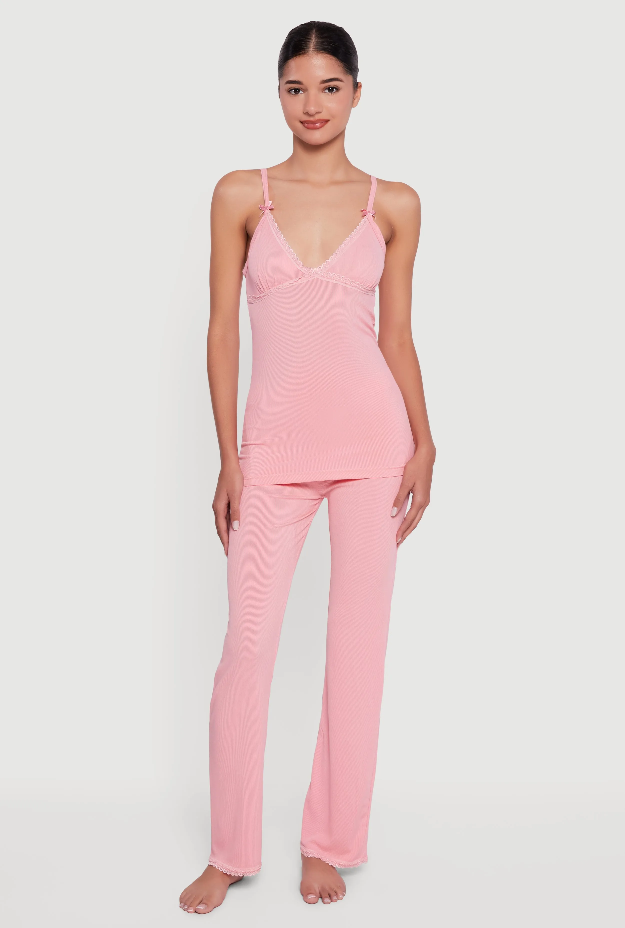 Rib Knit Heart Lace Trim Pajama Cami and Pants Set sold by Rainbow product image thumbnail 3