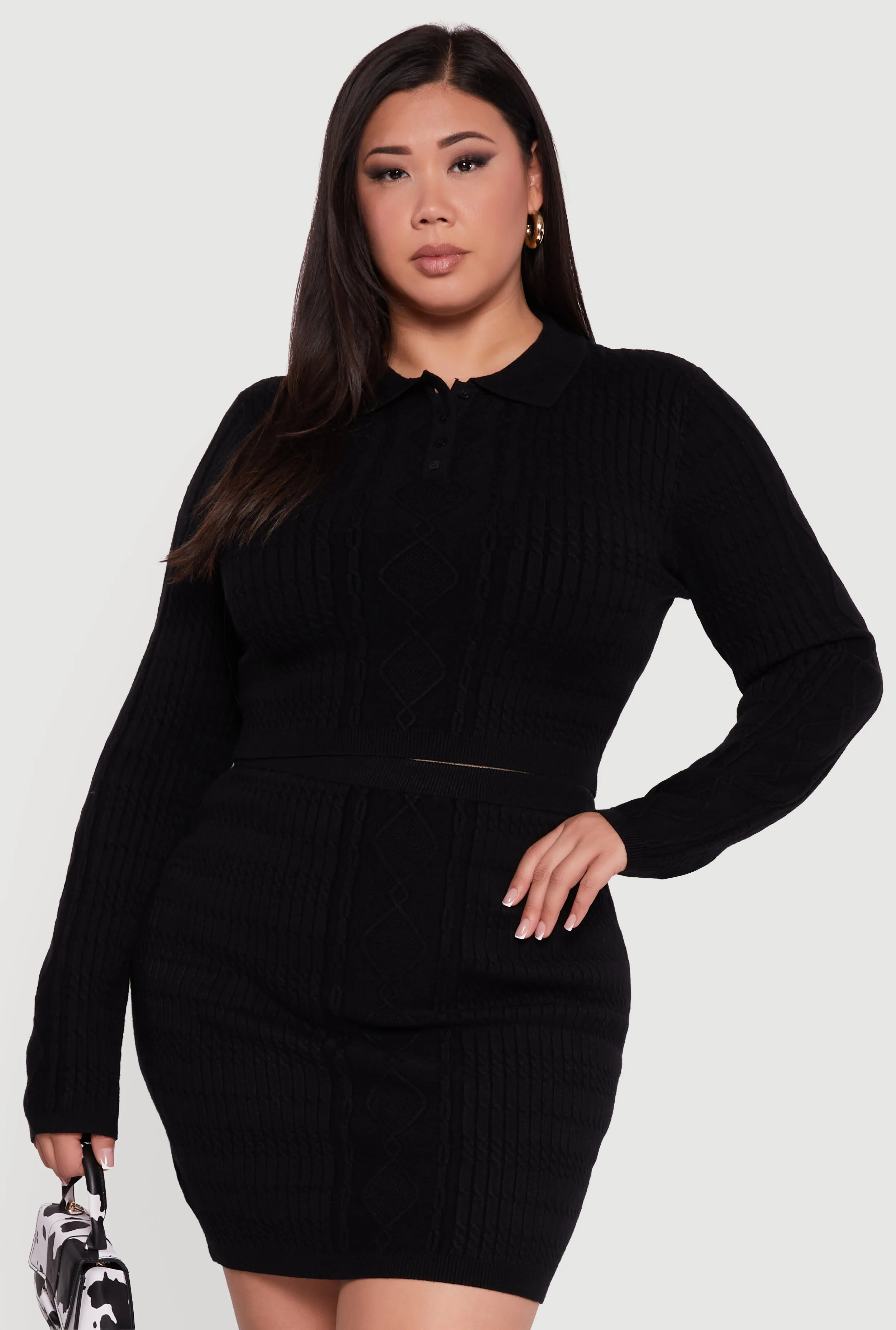 Plus Size Long Sleeve Polo Collar Cable Knit Sweater sold by Rainbow