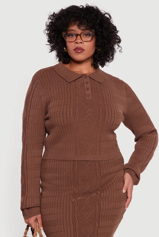 Plus Size Long Sleeve Polo Collar Cable Knit Sweater sold by Rainbow