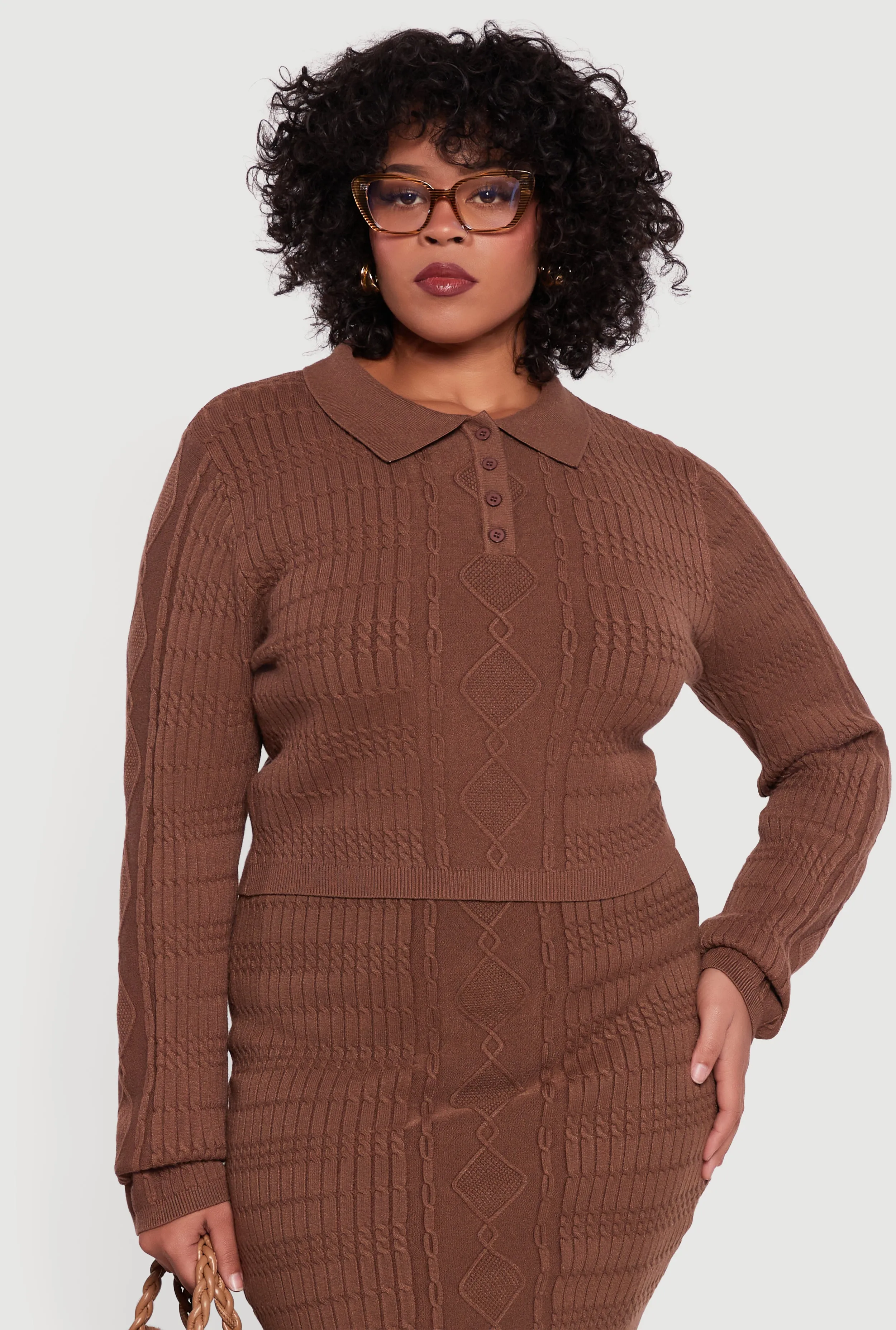 Plus Size Long Sleeve Polo Collar Cable Knit Sweater sold by Rainbow