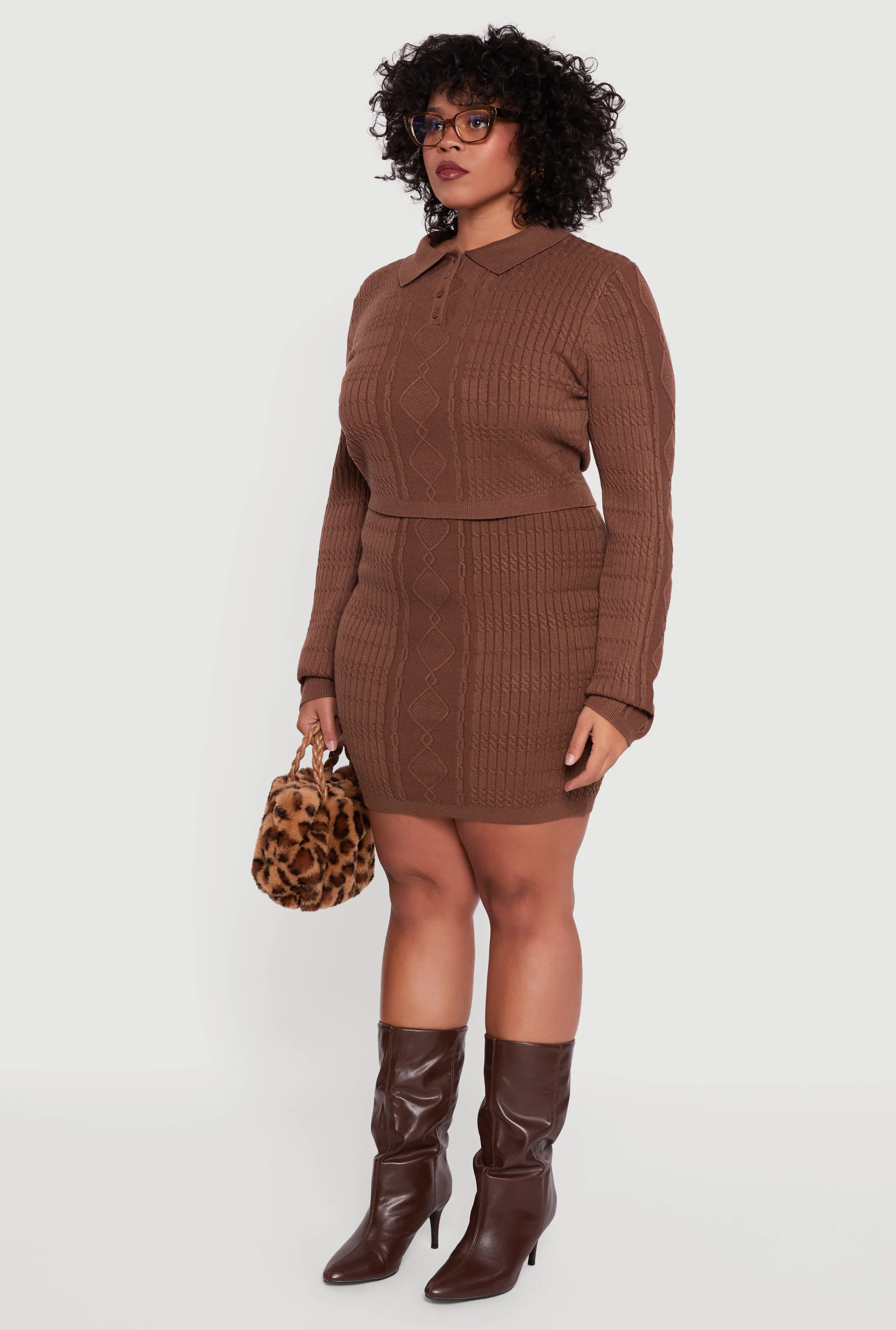 Plus Size Long Sleeve Polo Collar Cable Knit Sweater sold by Rainbow product image thumbnail 5