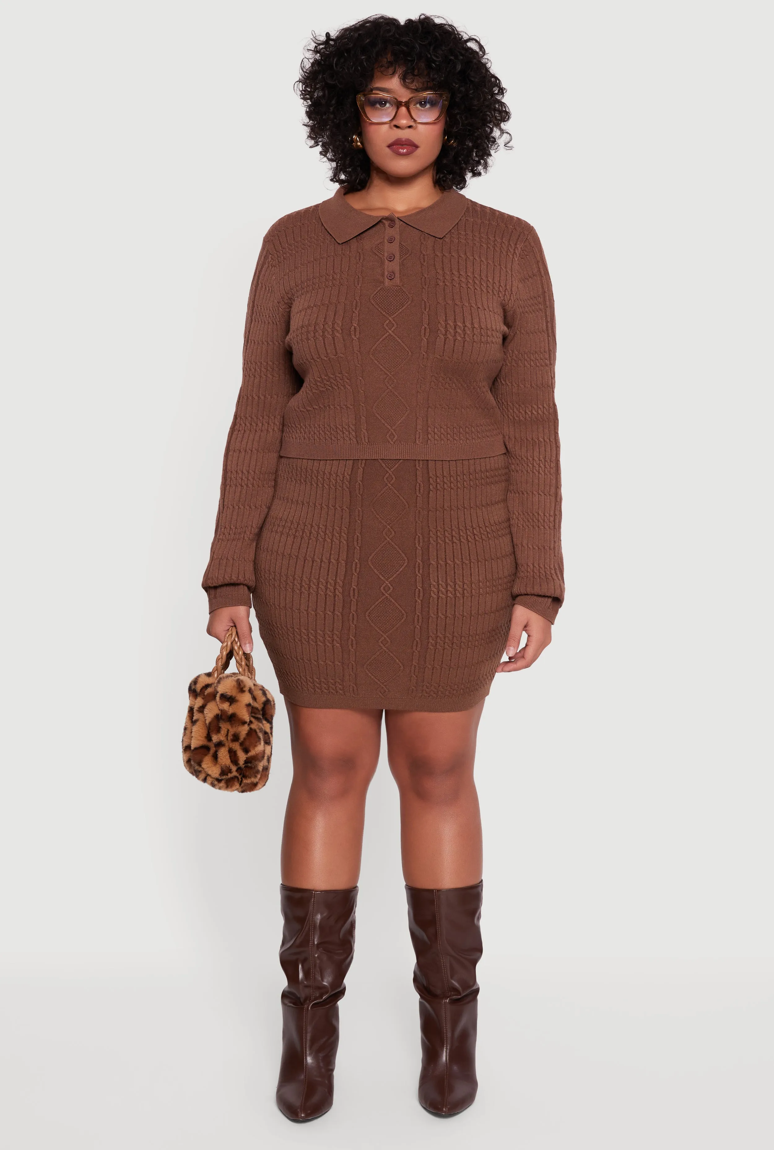 Plus Size Long Sleeve Polo Collar Cable Knit Sweater sold by Rainbow product image thumbnail 3