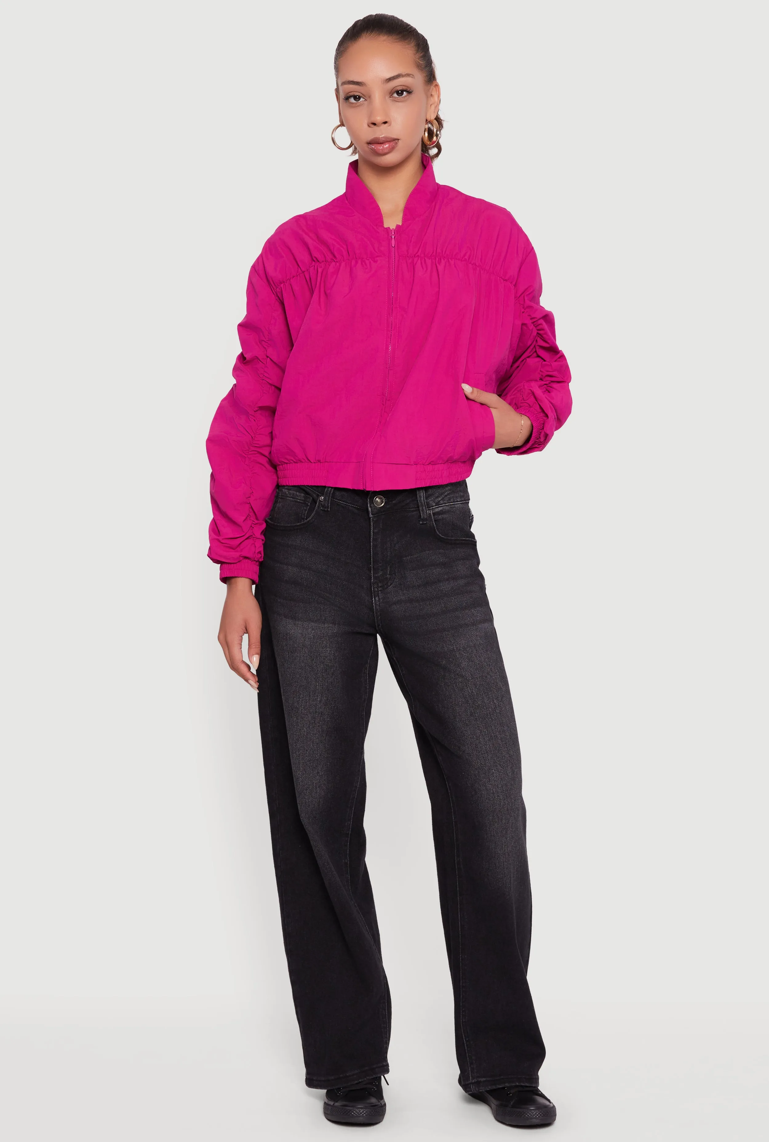 Maeve Ruched Zip Front Nylon Windbreaker Jacket sold by Rainbow
