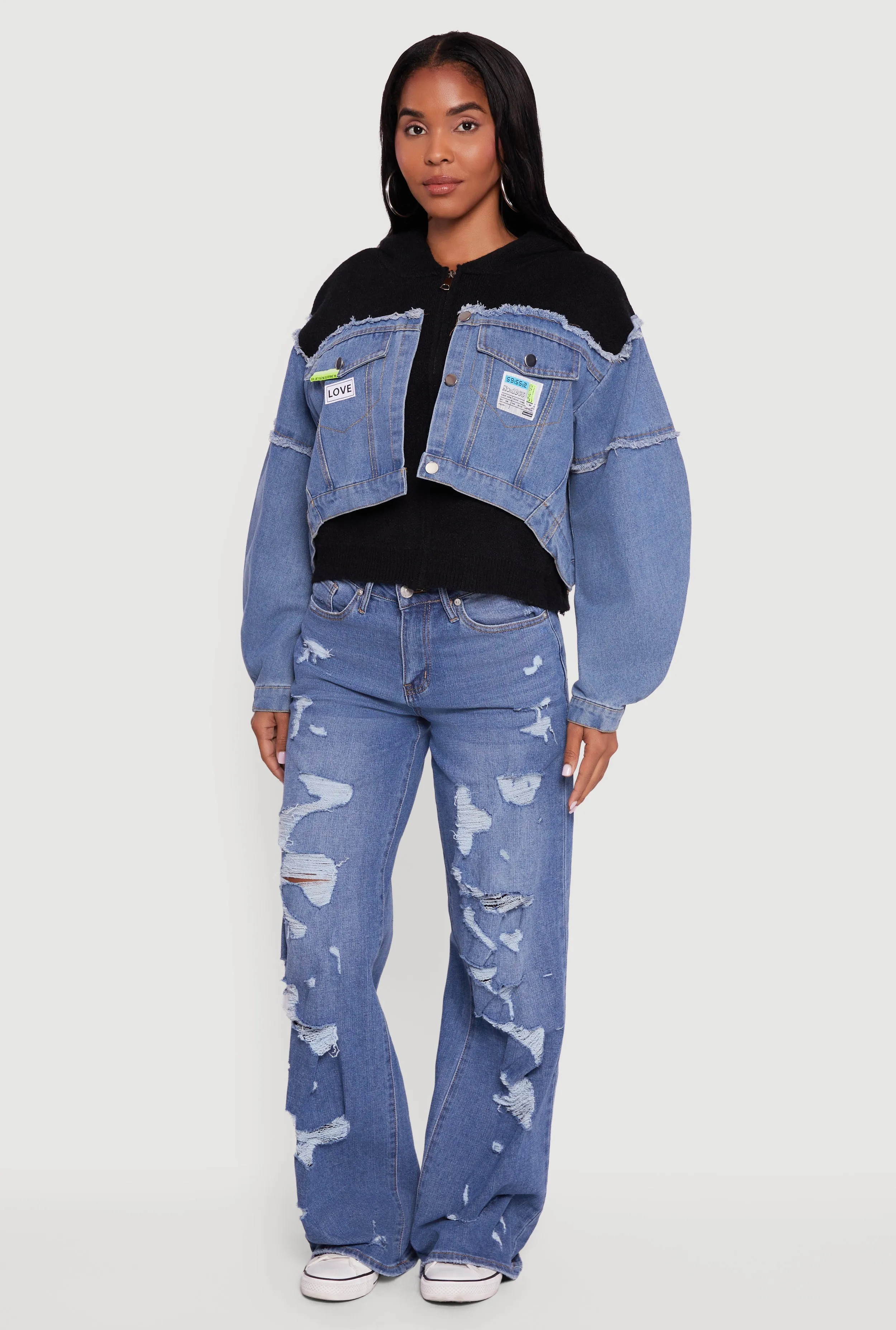 Hooded Sweater Insert Layered Look Denim Jacket sold by Rainbow