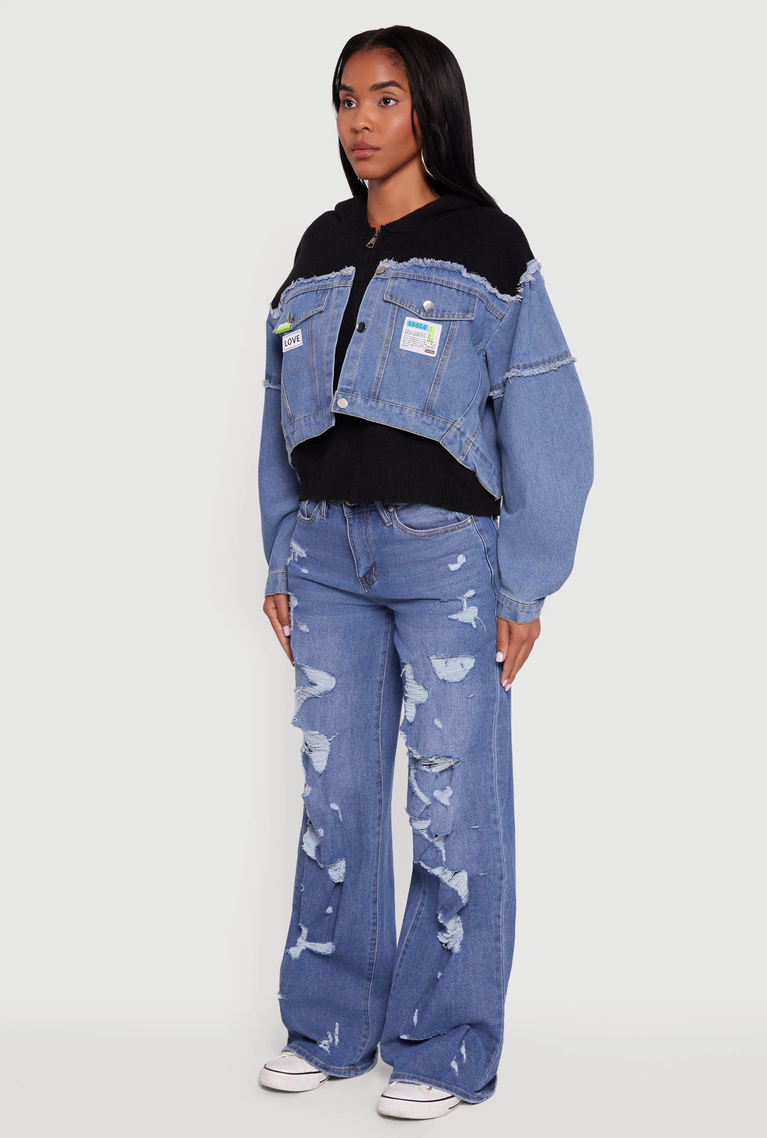 Hooded Sweater Insert Layered Look Denim Jacket sold by Rainbow product image thumbnail 5