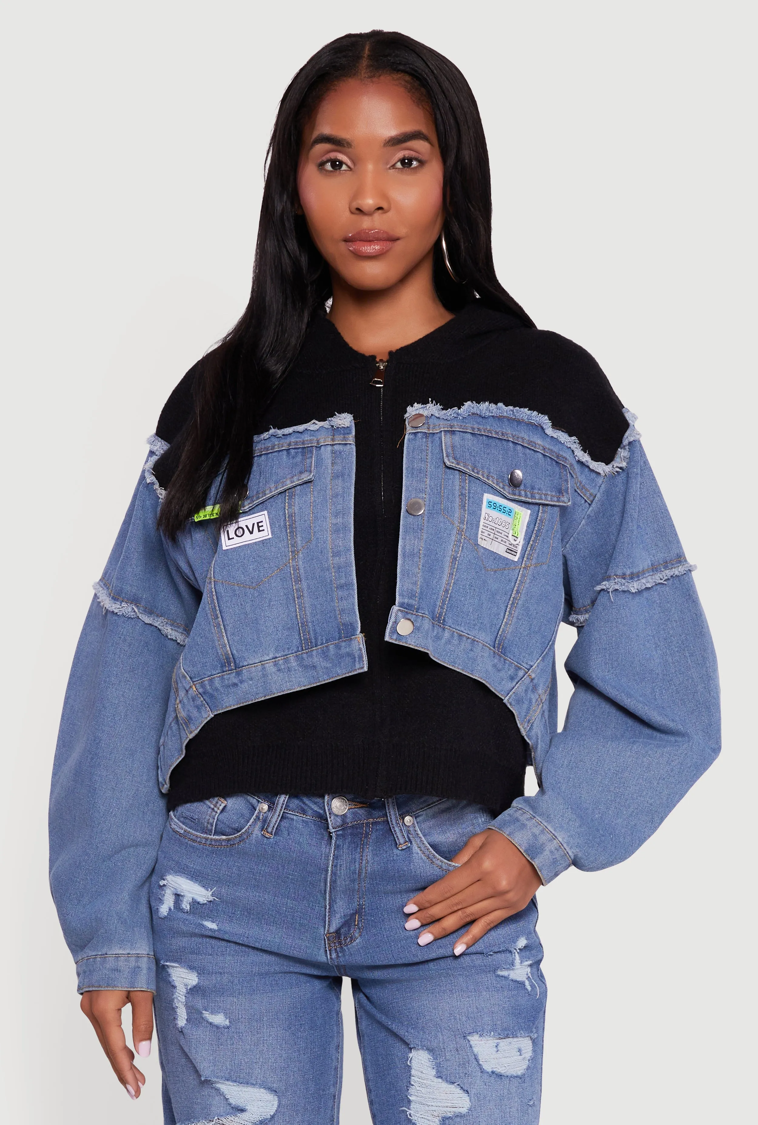 Hooded Sweater Insert Layered Look Denim Jacket sold by Rainbow product image thumbnail 2