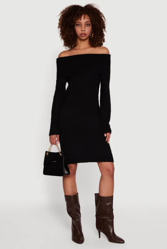 Eyelash Knit Fold Over Off the Shoulder Sweater Dress sold by Rainbow