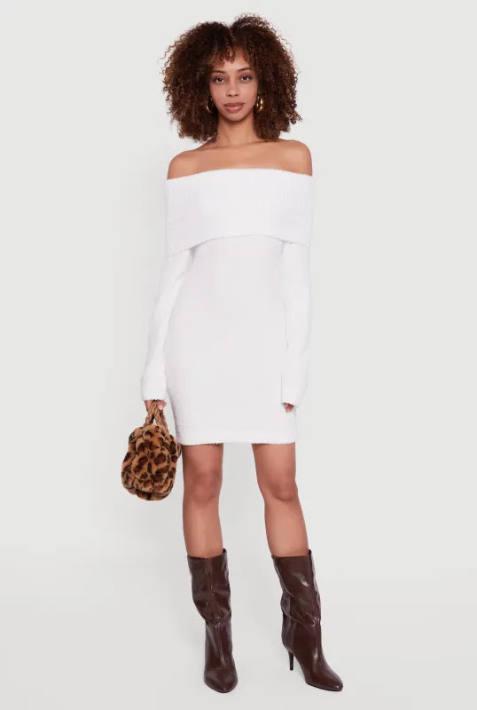 Eyelash Knit Fold Over Off the Shoulder Sweater Dress sold by Rainbow