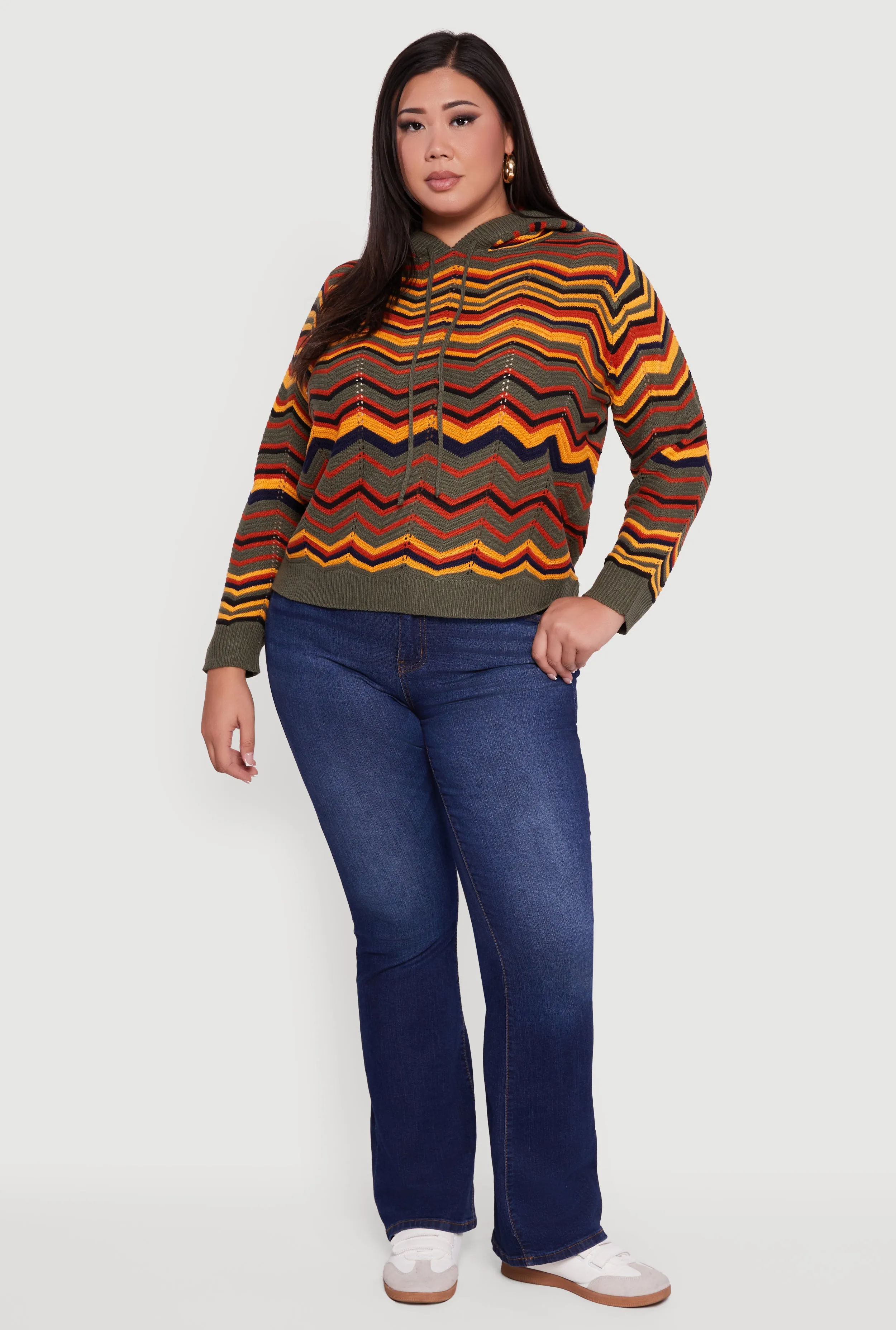 Plus Size Chevron Pointelle Knit Hooded Pullover Sweater sold by Rainbow