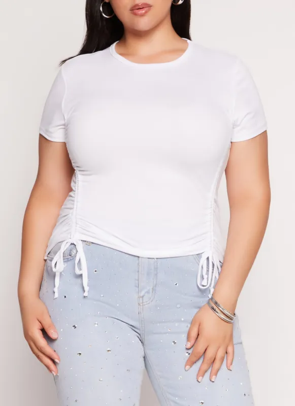 Plus Size Drawstring Ruched Crew Neck Tee sold by Rainbow