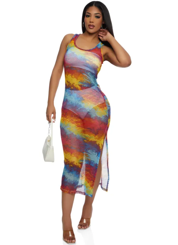 Fishnet Printed Side Slit Midi Tank Dress sold by Rainbow