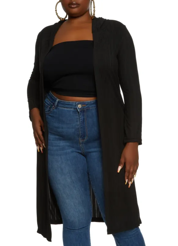 Plus Size Ribbed Knit Hooded Duster sold by Rainbow
