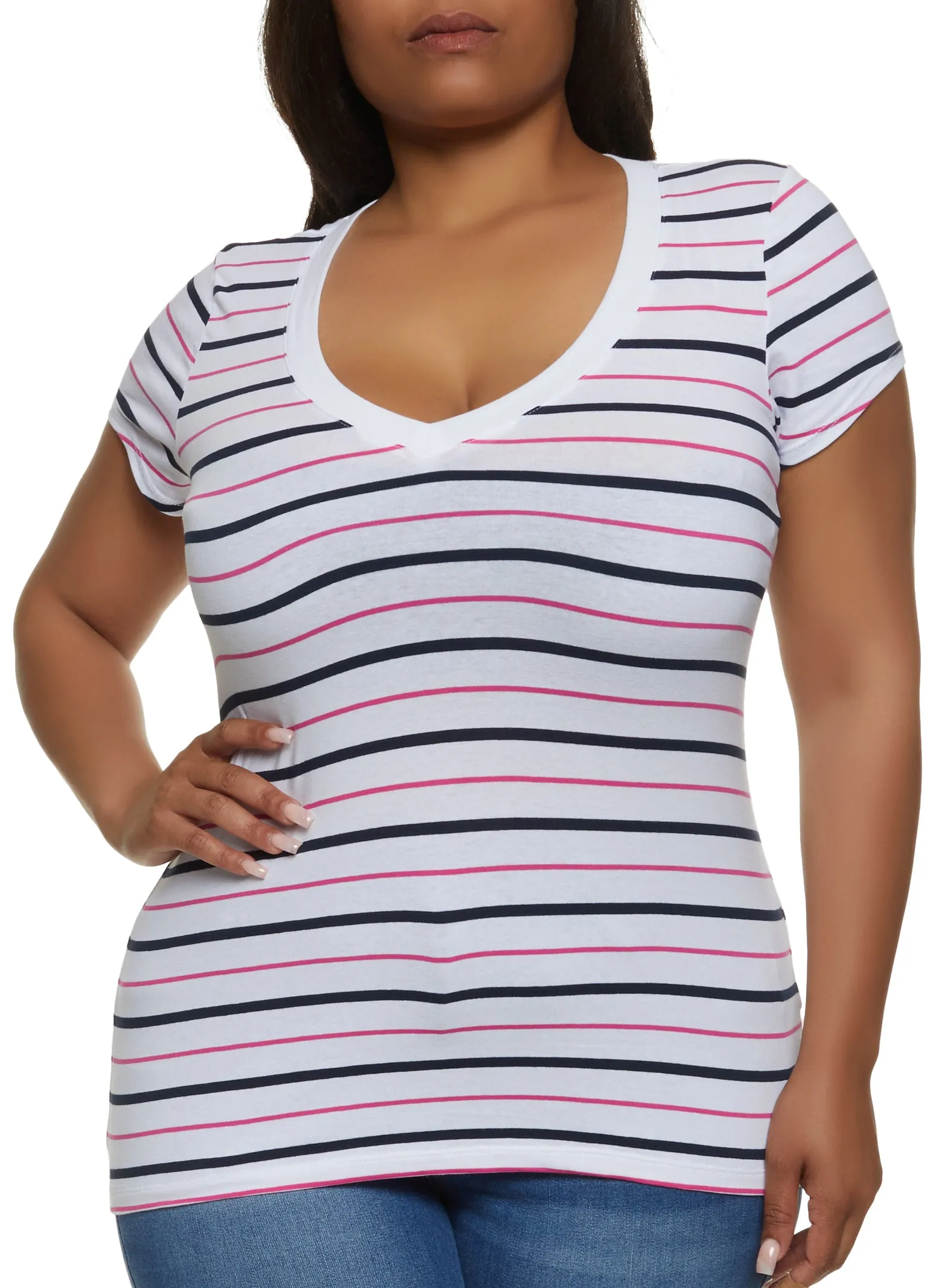 Plus Size Basic Striped V Neck Tee sold by Rainbow product image thumbnail 5