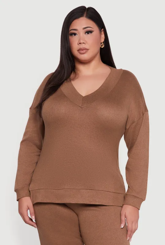 Plus Size Relaxed Fit V-Neck Long Sleeve Pullover Top sold by Rainbow
