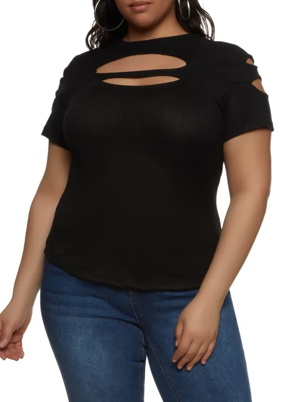 Plus Size Ribbed Knit Cut Out Top sold by Rainbow