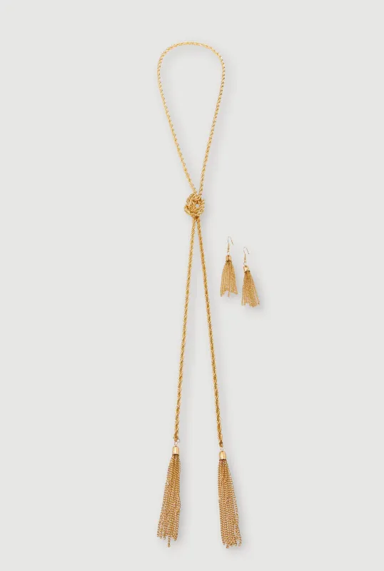 Metallic Braided Tassel Necklace and Tassel Earrings Set sold by Rainbow