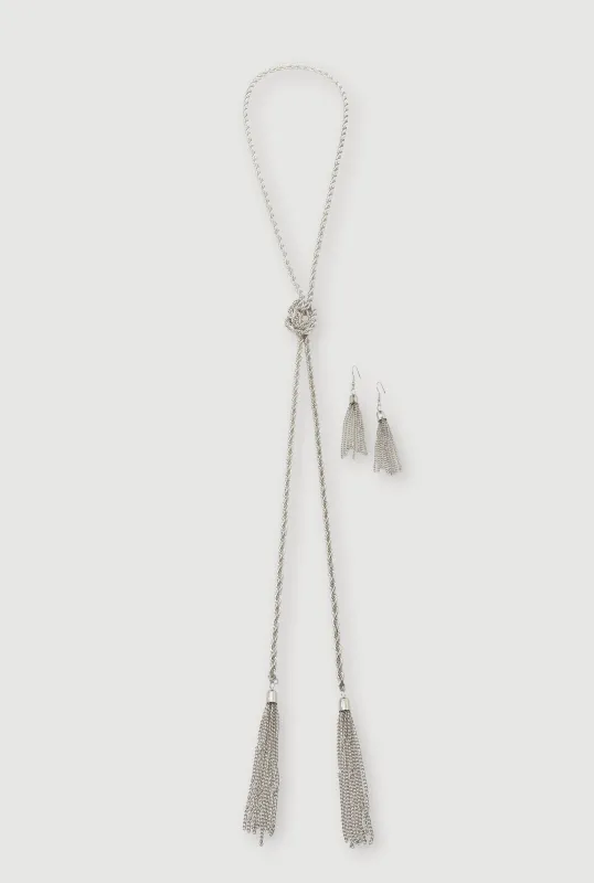 Metallic Braided Tassel Necklace and Tassel Earrings Set sold by Rainbow