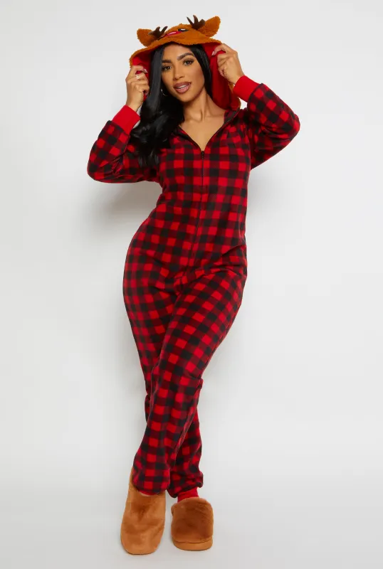 Womens Reindeer Hooded Buffalo Plaid Onesie Family Pajamas sold by Rainbow