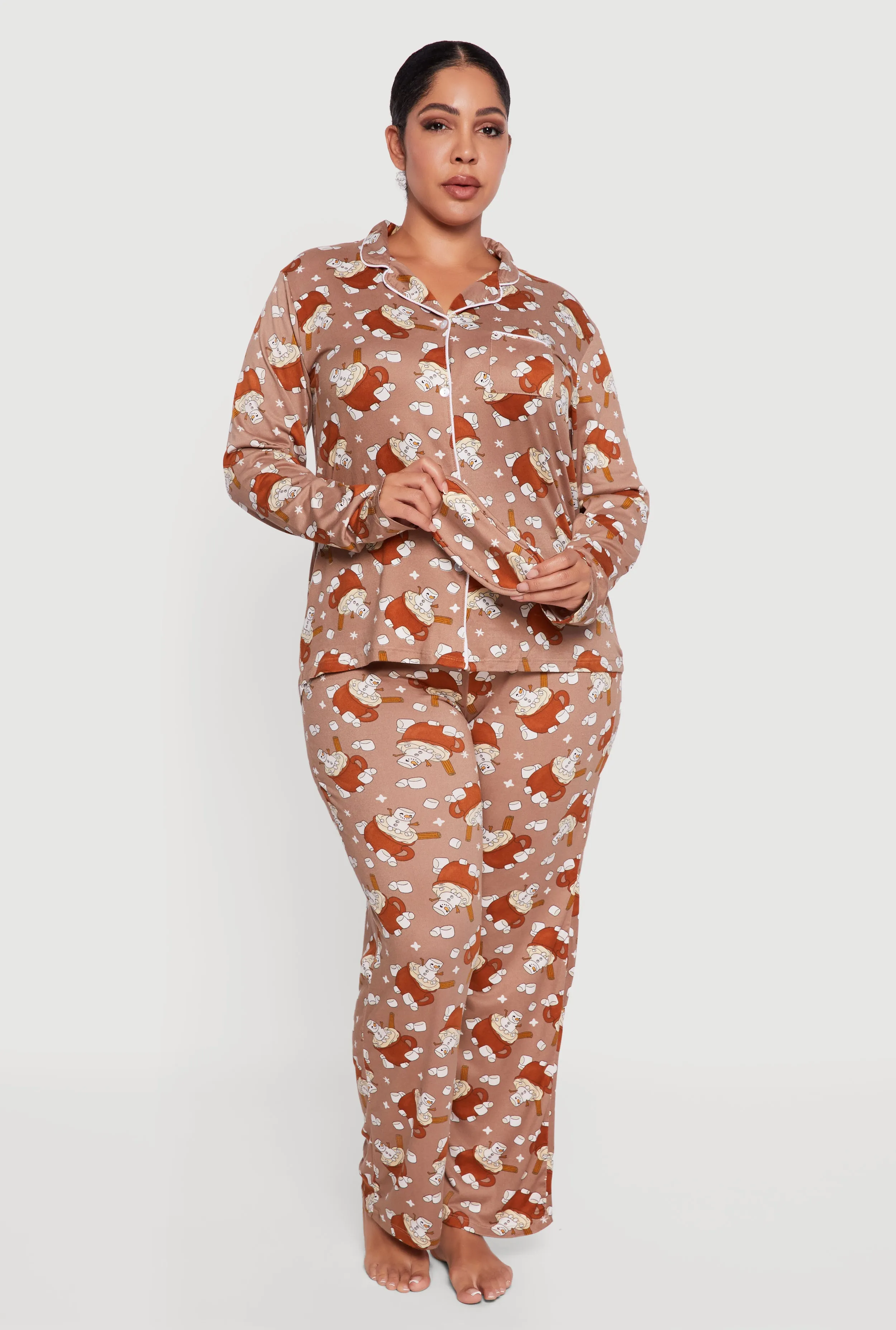 Plus Size Snowman Cocoa Print Pajama Top and Pants with Sleep Mask sold by Rainbow product image thumbnail 2