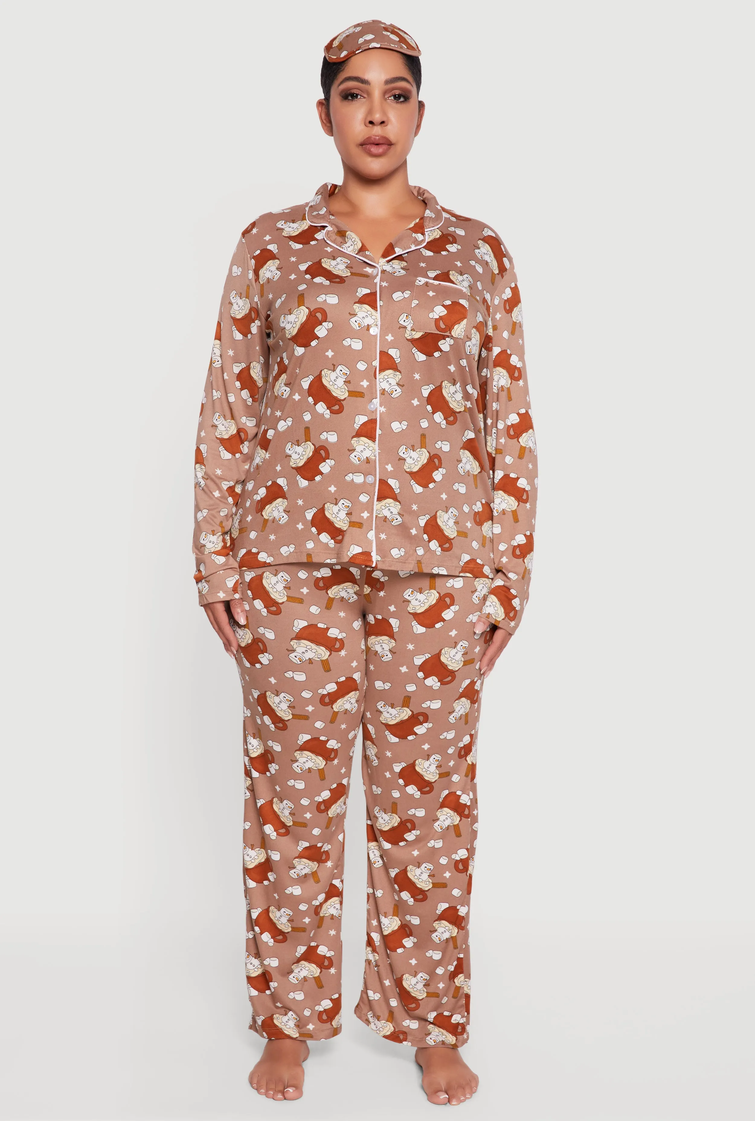 Plus Size Snowman Cocoa Print Pajama Top and Pants with Sleep Mask sold by Rainbow product image thumbnail 3