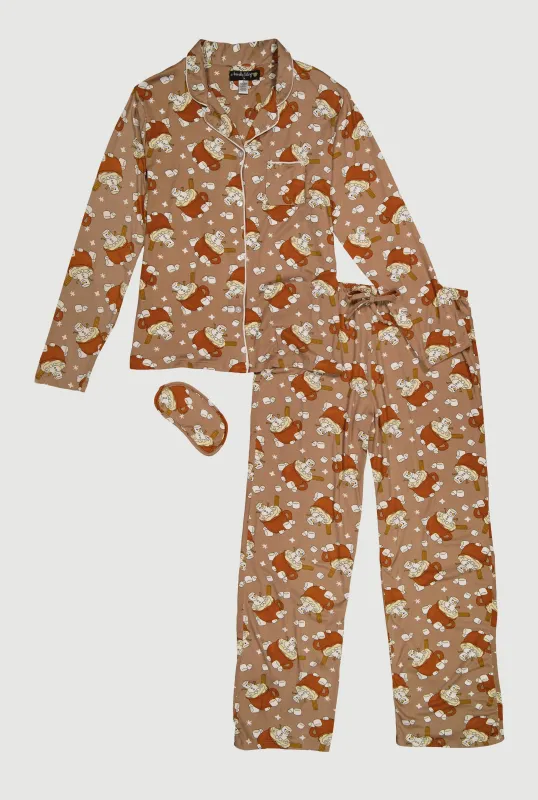 Plus Size Snowman Cocoa Print Pajama Top and Pants with Sleep Mask sold by Rainbow