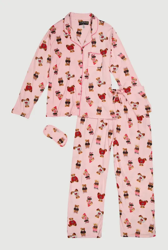 Plus Size Assorted Bear Graphic Pajama Top and Pants with Sleep Mask sold by Rainbow