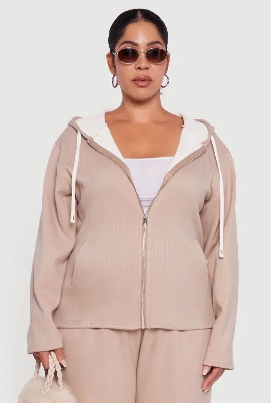 Plus Size Plush Lined Ribbed Knit Zip Front Hoodie sold by Rainbow