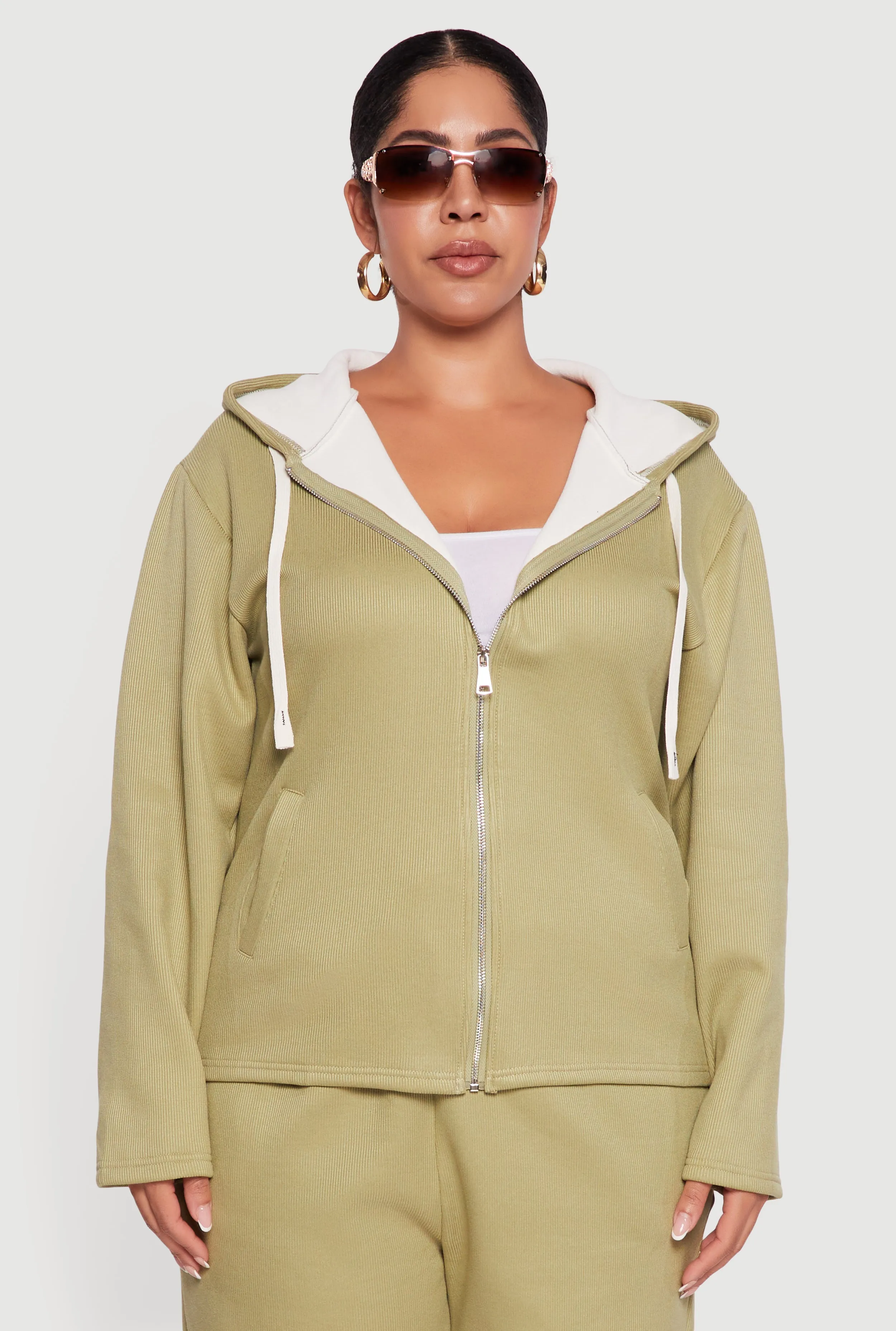 Plus Size Plush Lined Ribbed Knit Zip Front Hoodie sold by Rainbow product image thumbnail 4