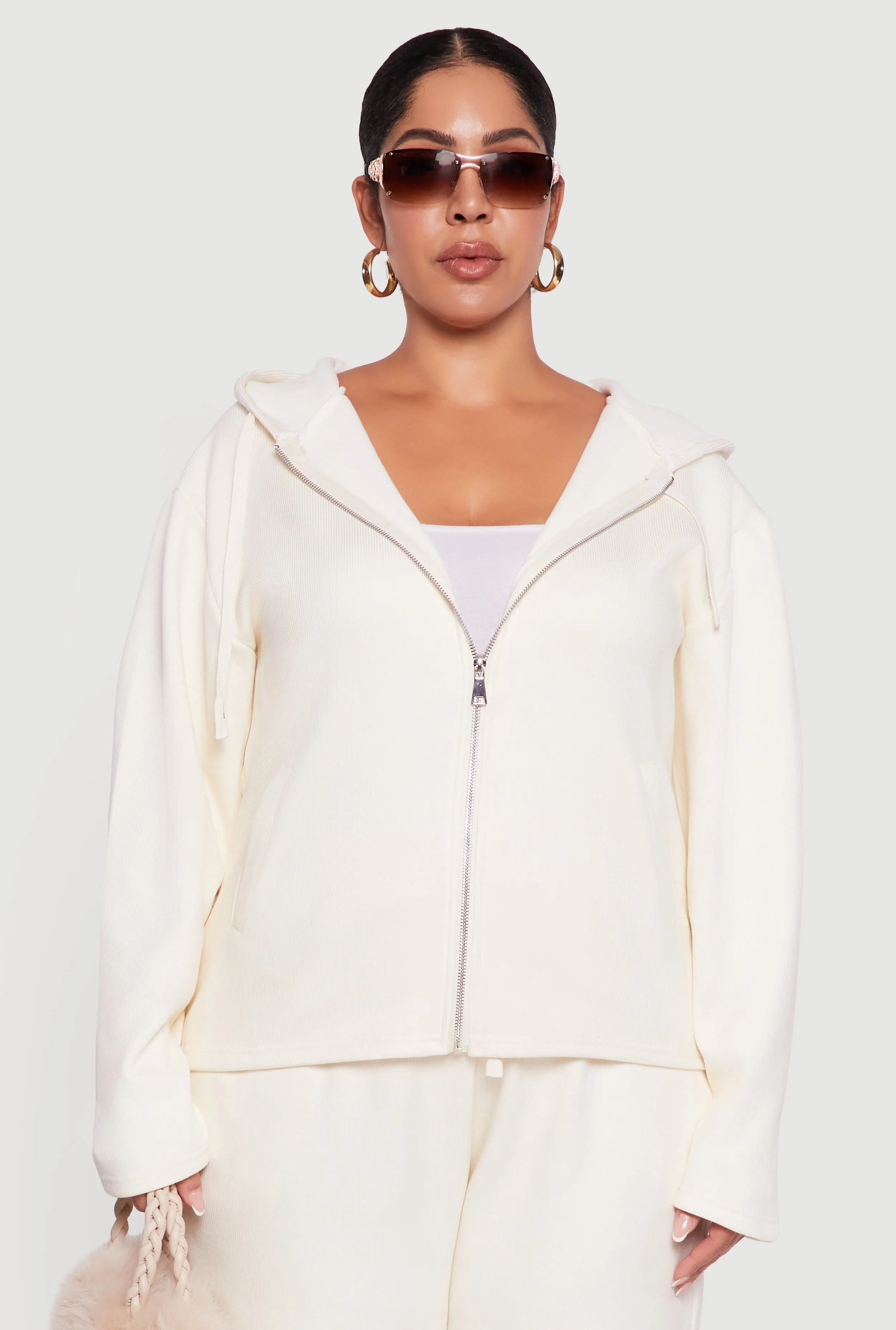 Plus Size Plush Lined Ribbed Knit Zip Front Hoodie sold by Rainbow product image thumbnail 3
