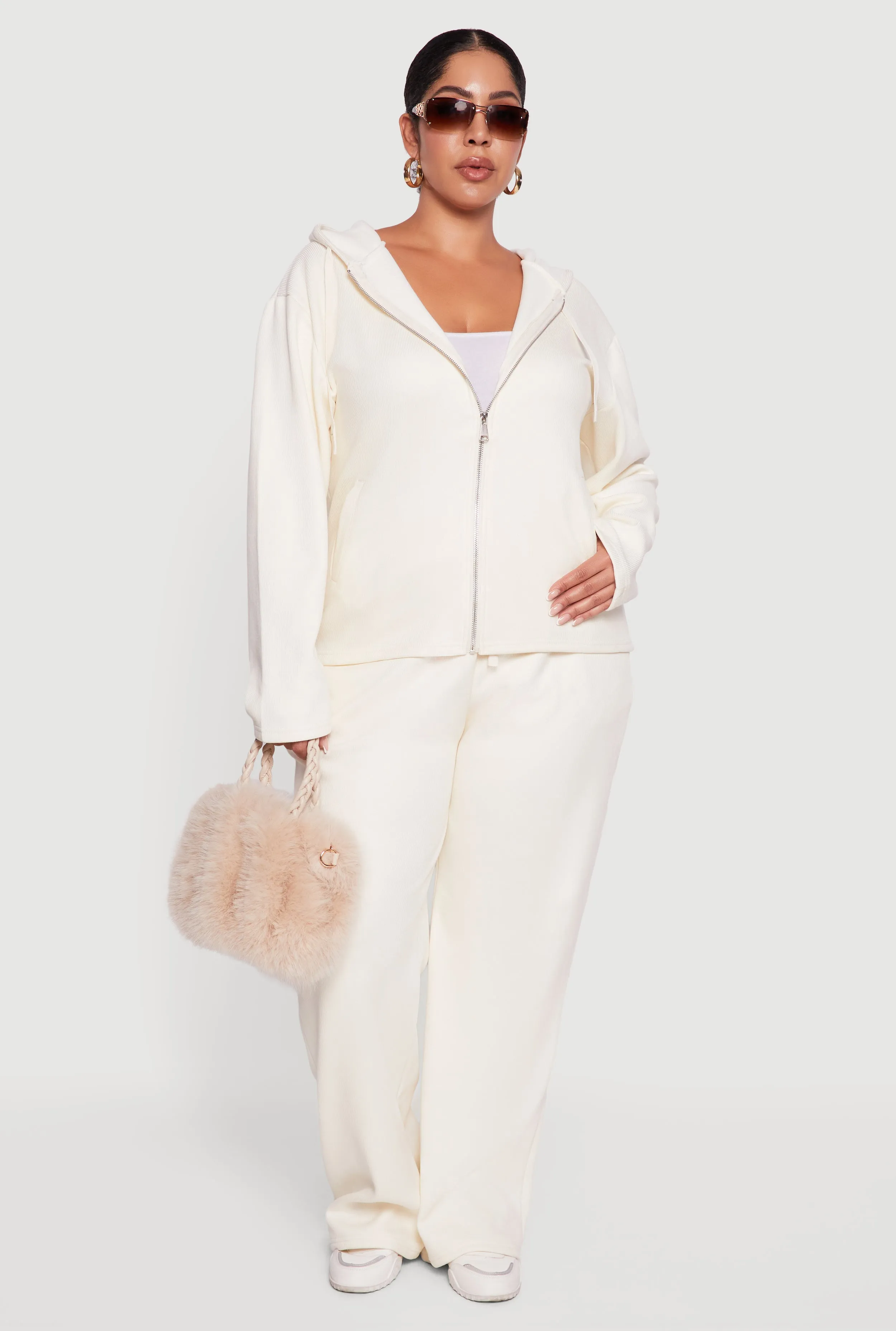 Plus Size Plush Lined Ribbed Knit Zip Front Hoodie sold by Rainbow product image thumbnail 2