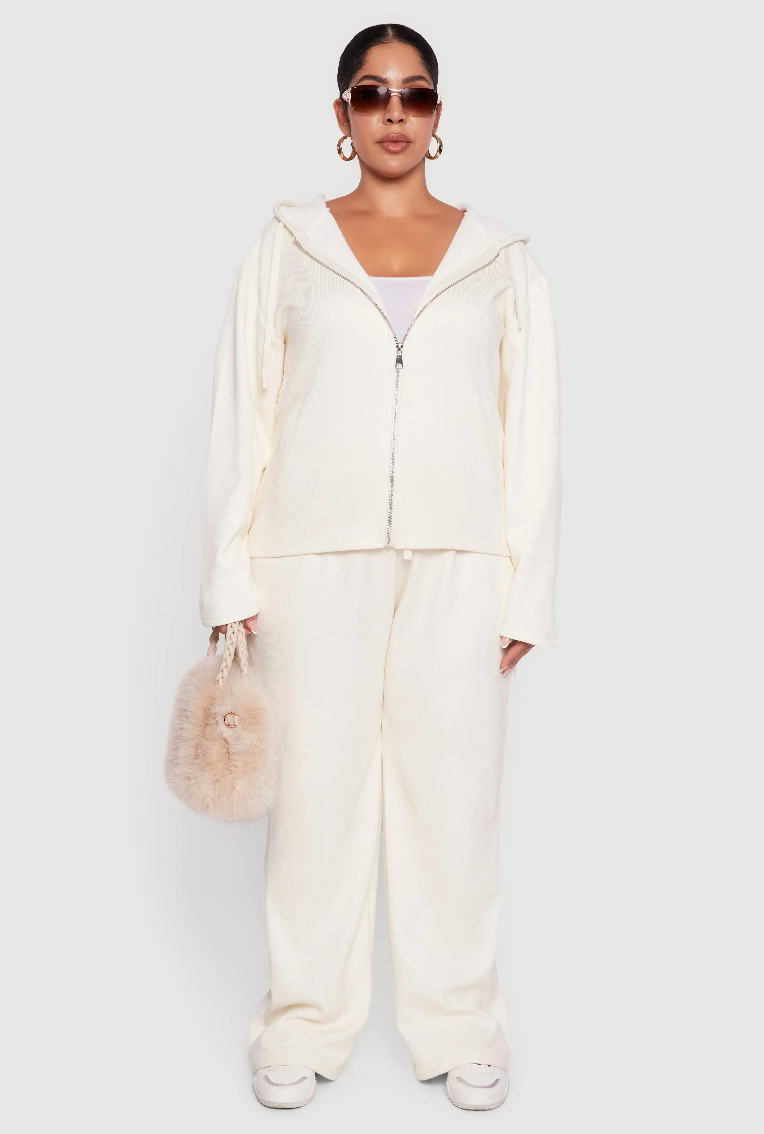 Plus Size Plush Lined Ribbed Knit Zip Front Hoodie sold by Rainbow product image thumbnail 3