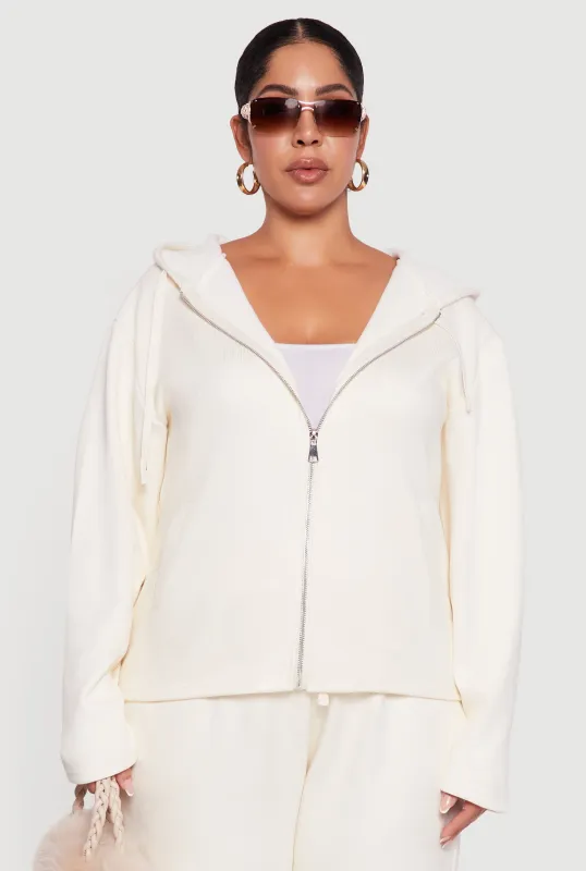 Plus Size Plush Lined Ribbed Knit Zip Front Hoodie sold by Rainbow