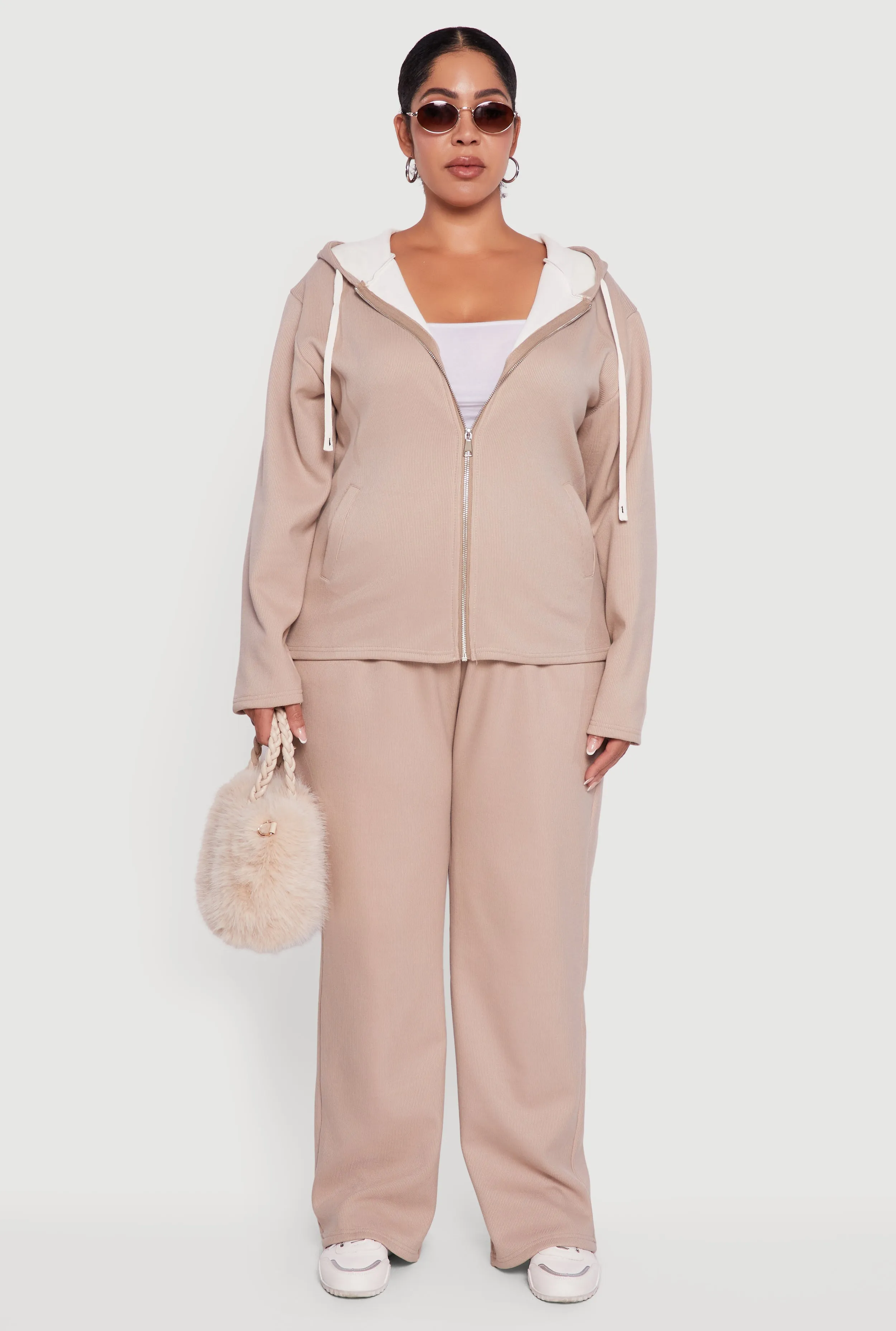 Plus Size Plush Lined Ribbed Knit Zip Front Hoodie sold by Rainbow product image thumbnail 3