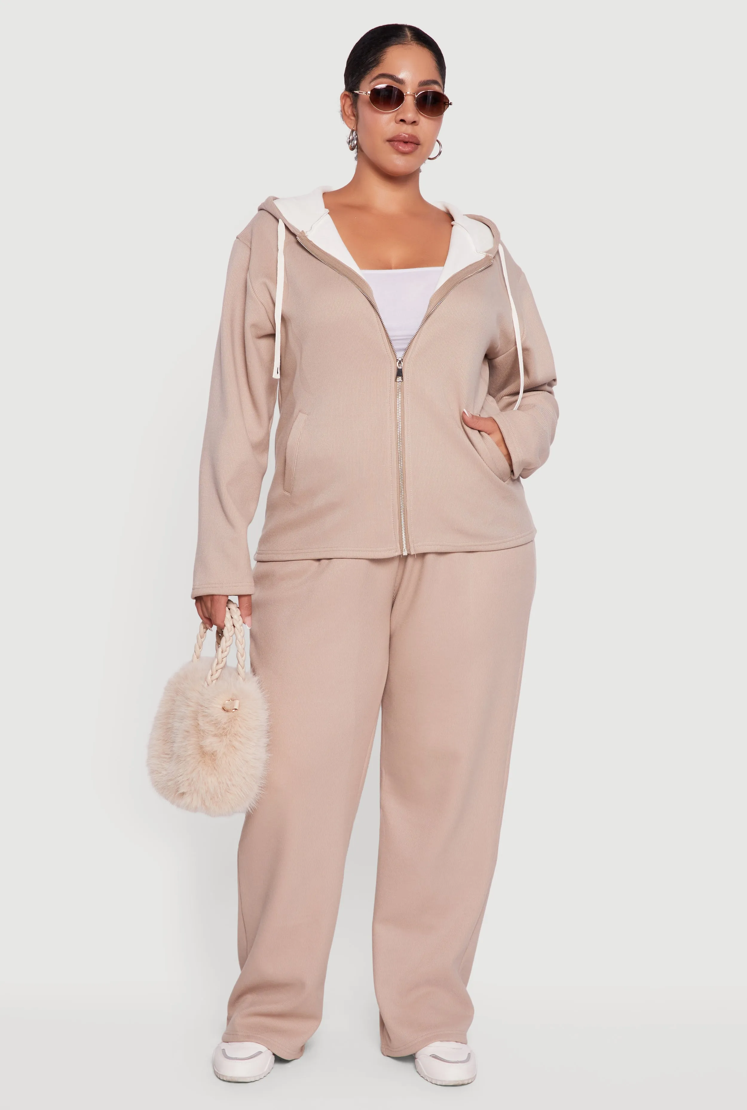 Plus Size Plush Lined Ribbed Knit Zip Front Hoodie sold by Rainbow product image thumbnail 2