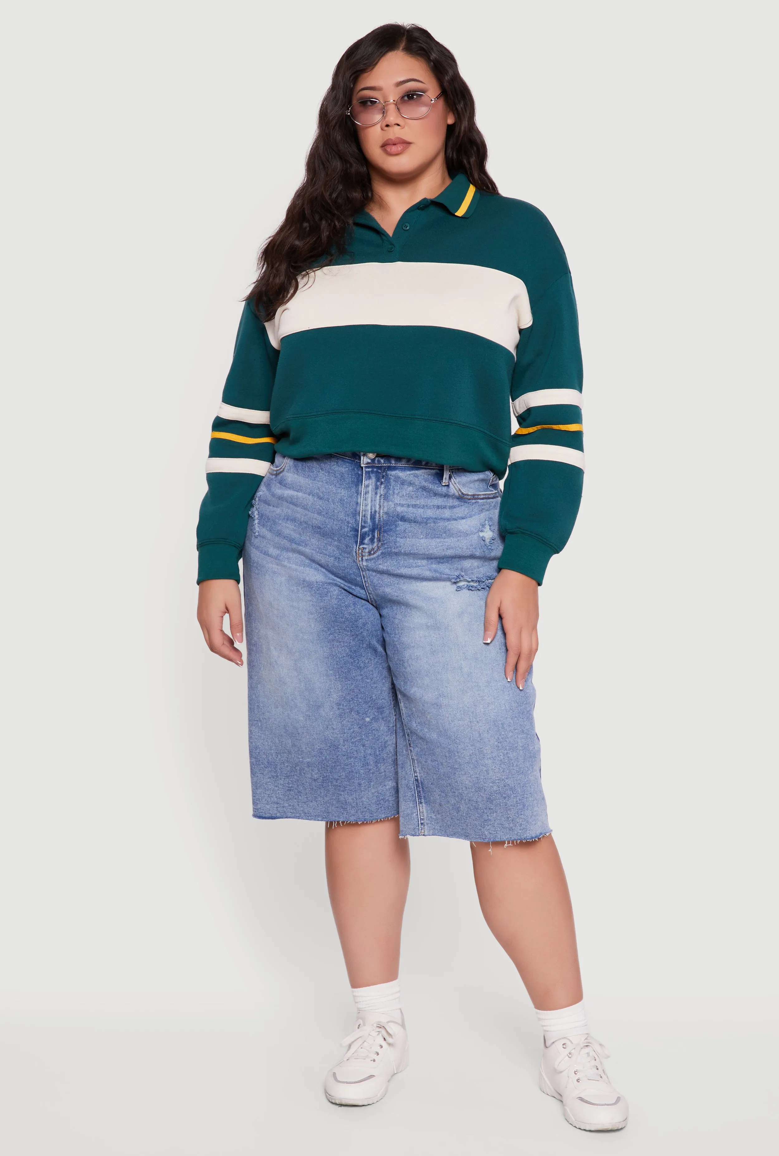 Plus Size Color Blocked Crop Polo Sweatshirt sold by Rainbow