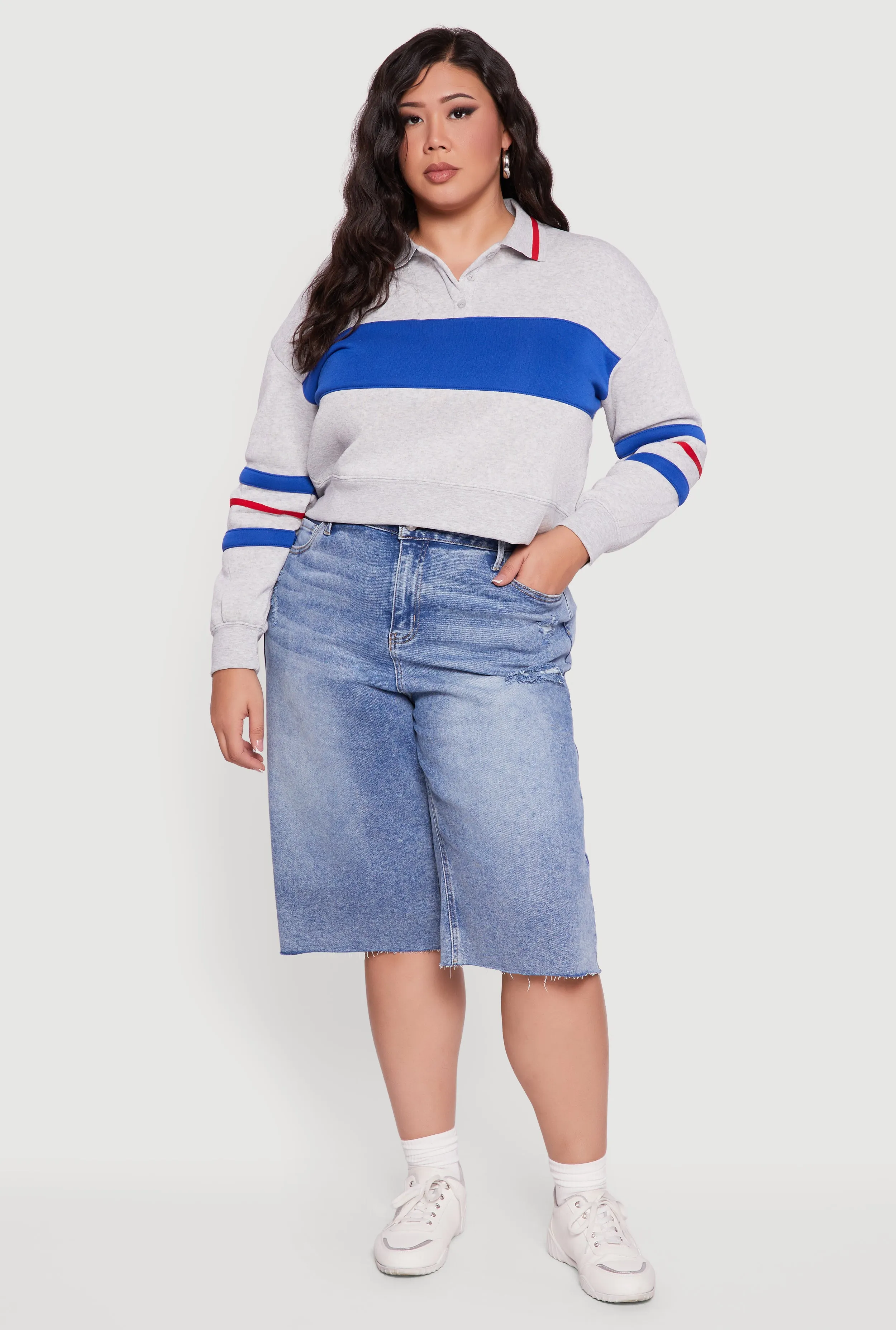 Plus Size Color Blocked Crop Polo Sweatshirt sold by Rainbow product image thumbnail 2
